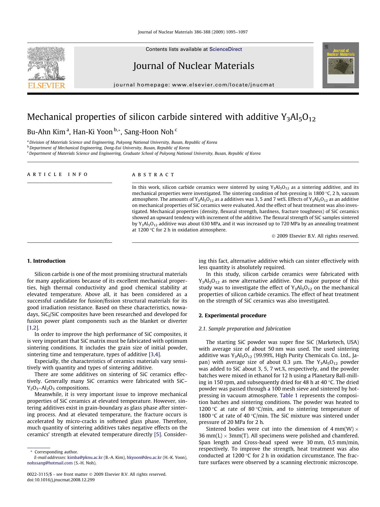 Mechanical properties of silicon carbide sintered with additive Y3Al5O12 by Bu-Ahn Kim; Han-Ki Yoon; Sang-Hoon Noh