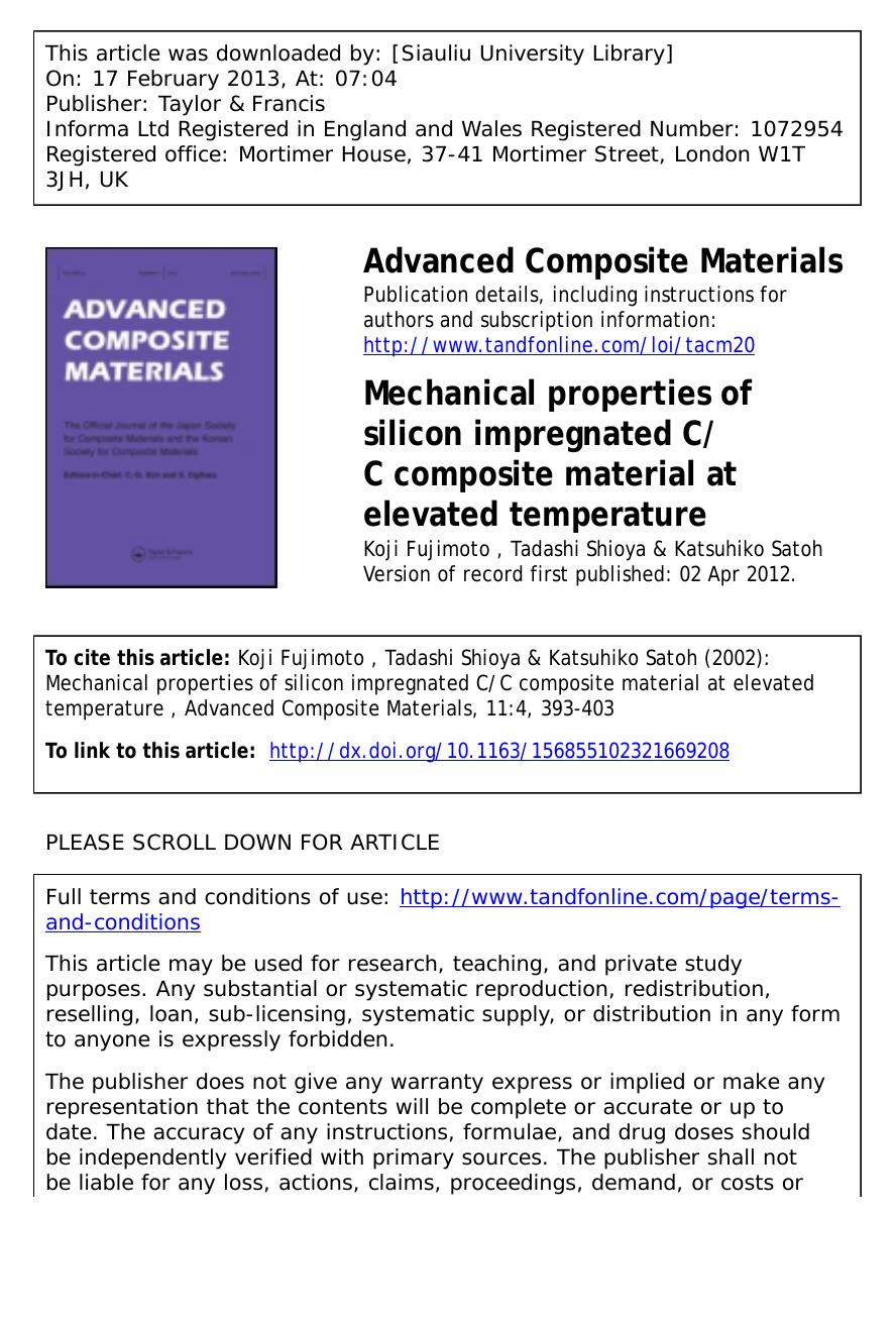 Mechanical properties of silicon impregnated CC composite material at elevated temperature by Koji Fujimoto Tadashi Shioya & Katsuhiko Satoh