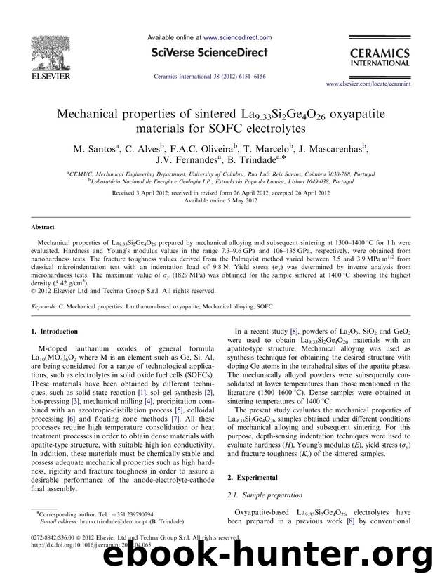 Mechanical properties of sintered La9.33Si2Ge4O26 oxyapatite materials for SOFC electrolytes by M. Santos & C. Alves & F.A.C. Oliveira & T. Marcelo & J. Mascarenhas & J.V. Fernandes & B. Trindade