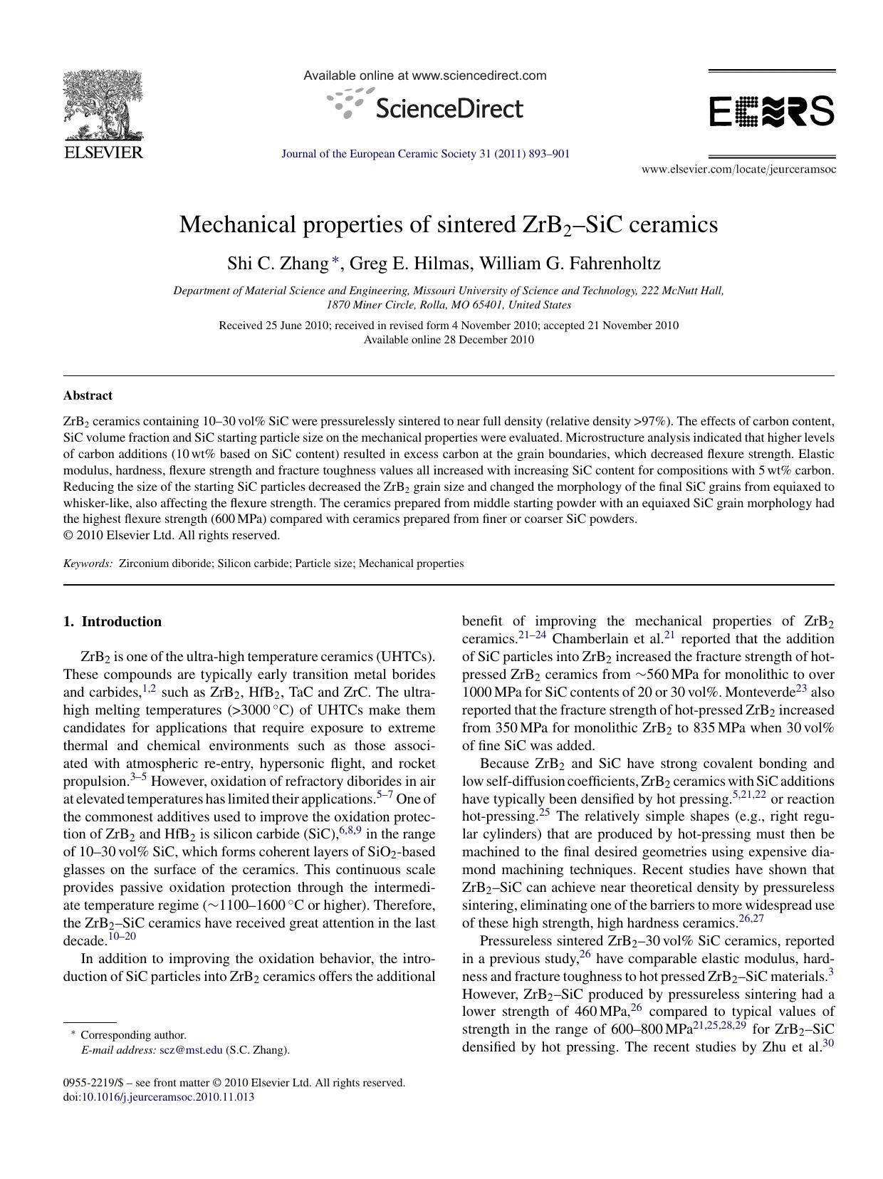 Mechanical properties of sintered ZrB2Ã¢â¬âSiC ceramics by Shi C. Zhang