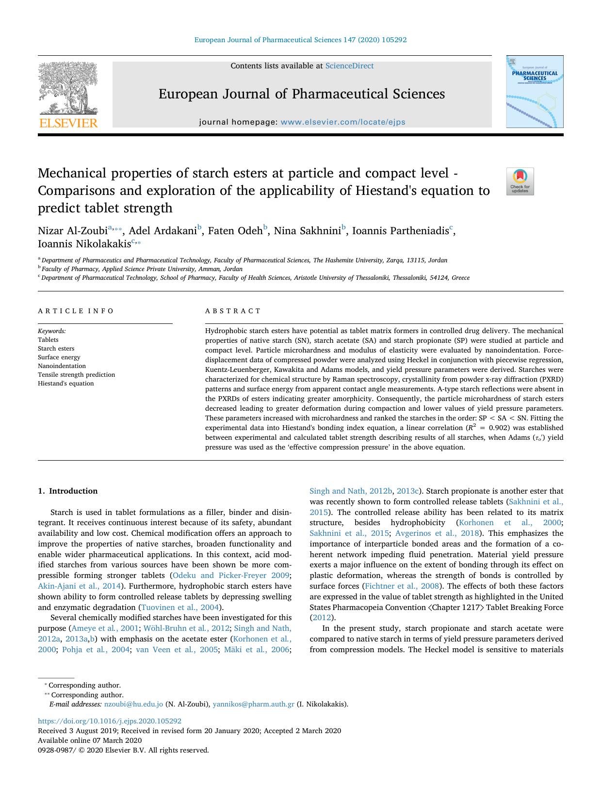 Mechanical properties of starch esters at particle and compact level - Comparisons and exploration of the applicability of Hiestand's equation to predict tablet strength by Nizar Al-Zoubi