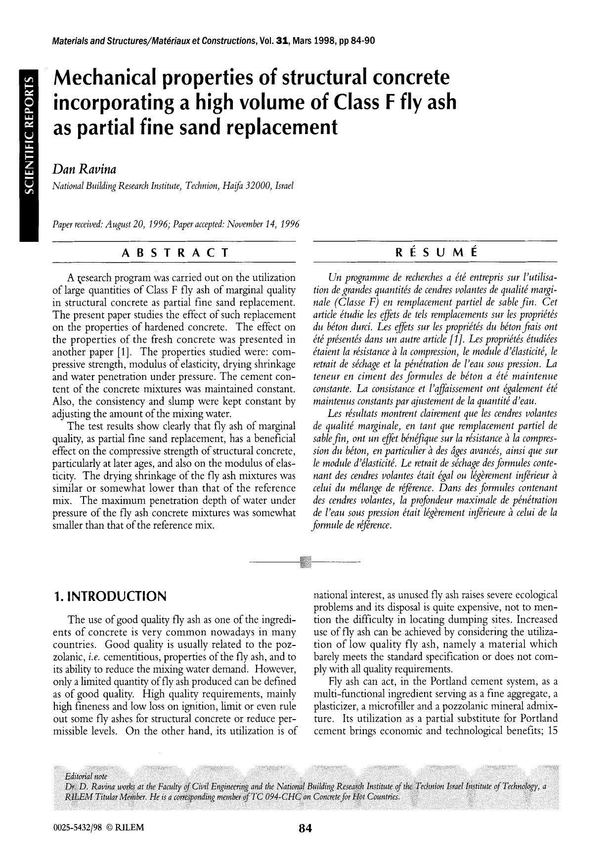 Mechanical properties of structural concrete incorporating a high volume of Class F fly ash as partial fine sand replacement by Unknown