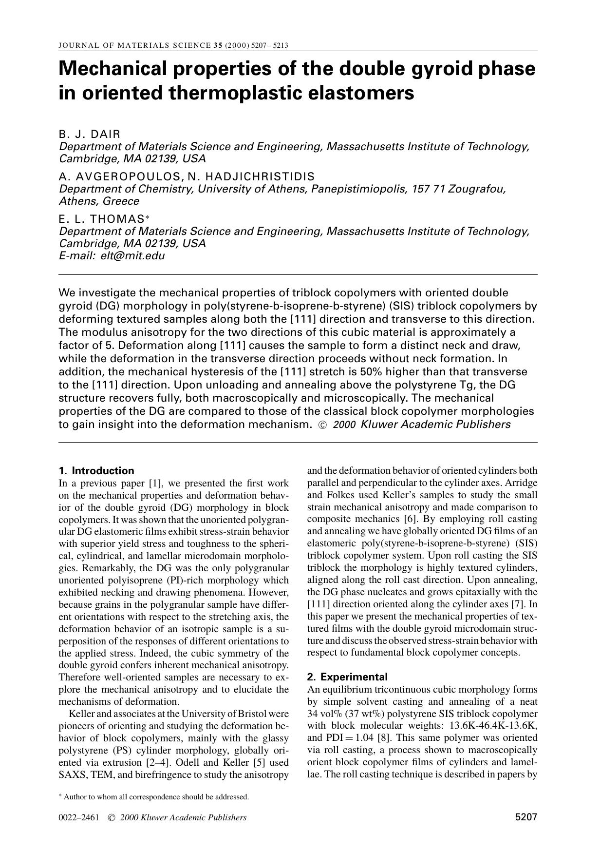 Mechanical properties of the double gyroid phase in oriented thermoplastic elastomers by Unknown