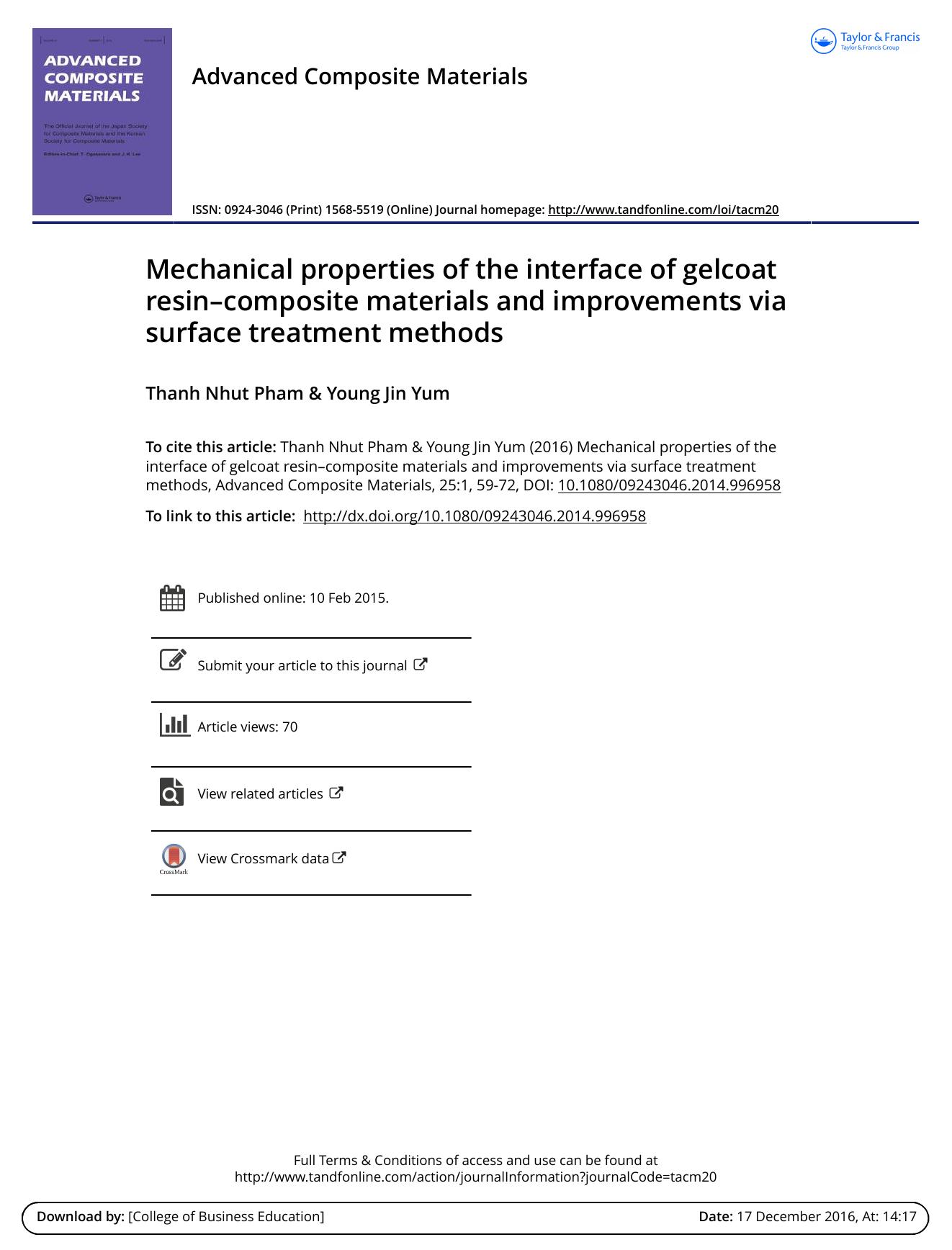 Mechanical properties of the interface of gelcoat resin–composite materials and improvements via surface treatment methods by Thanh Nhut Pham & Young Jin Yum