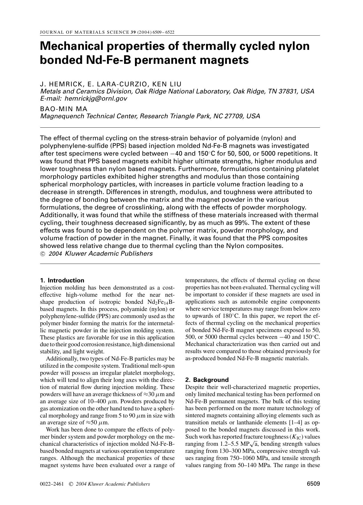 Mechanical properties of thermally cycled nylon bonded Nd-Fe-B permanent magnets by Unknown