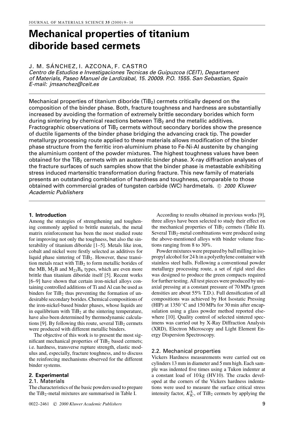 Mechanical properties of titanium diboride based cermets by Unknown