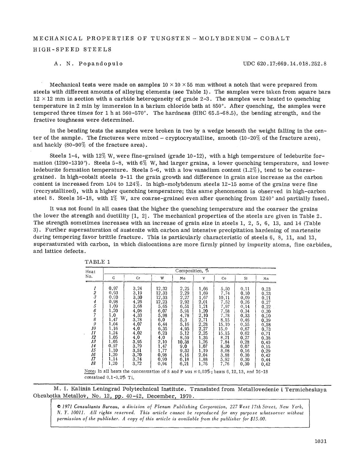 Mechanical properties of tungsten-molybdenum-cobalt high-speed steels by Unknown