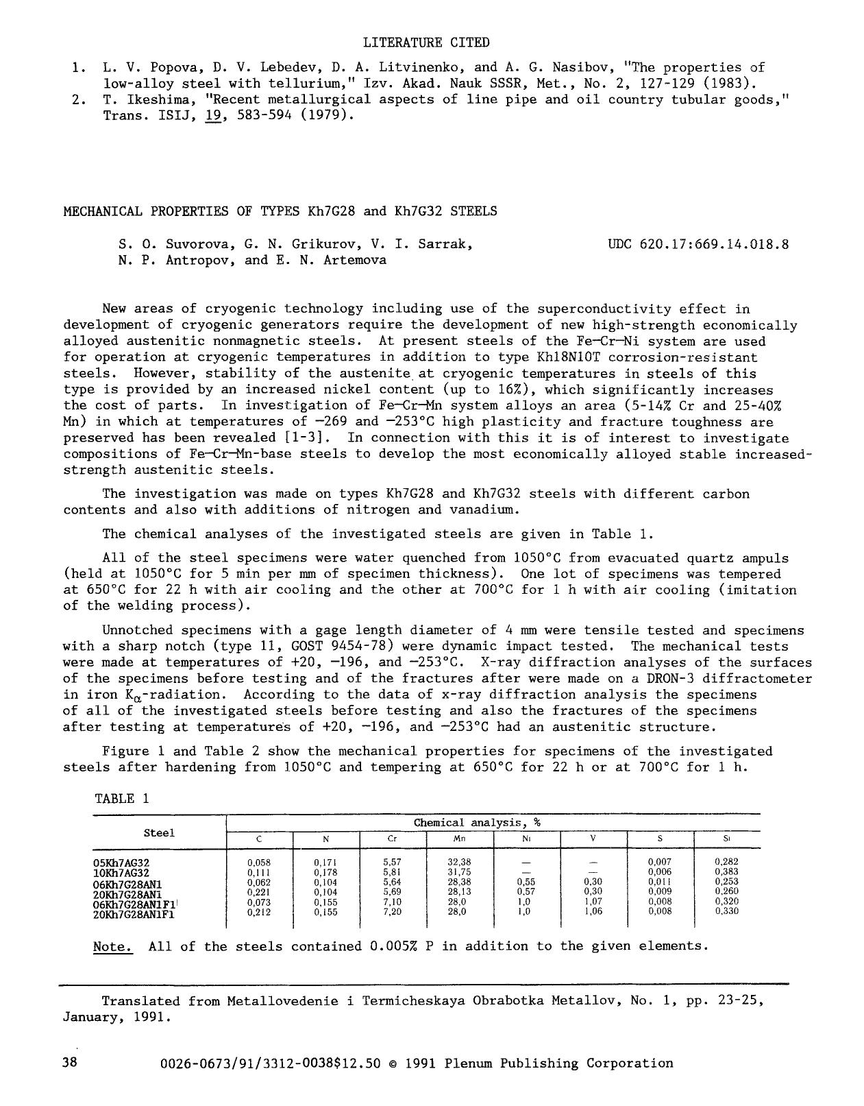 Mechanical properties of types Kh7G28 and Kh7G32 steels by Unknown
