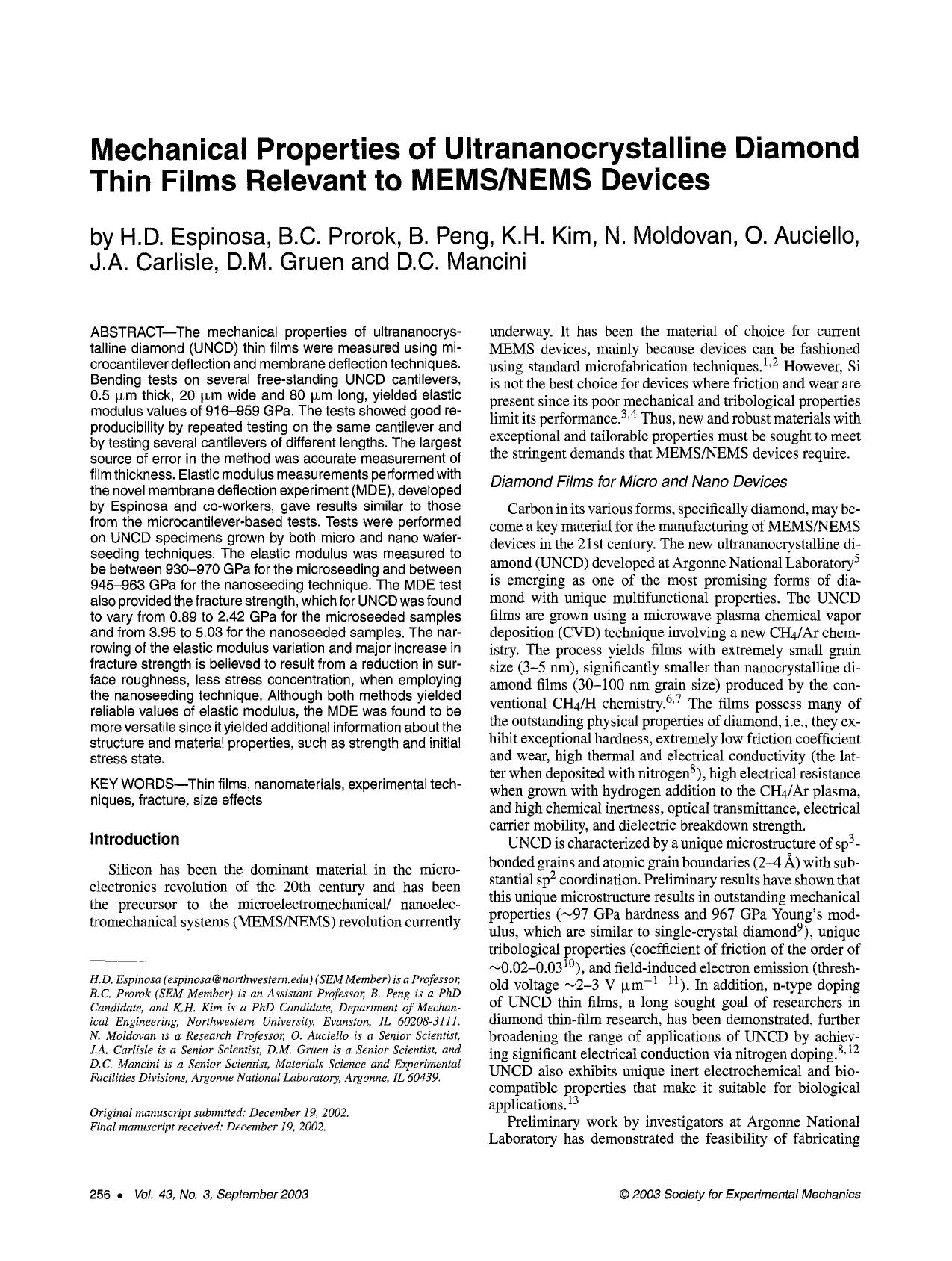 Mechanical properties of ultrananocrystalline diamond thin films relevant to MEMSNEMS devices by Unknown