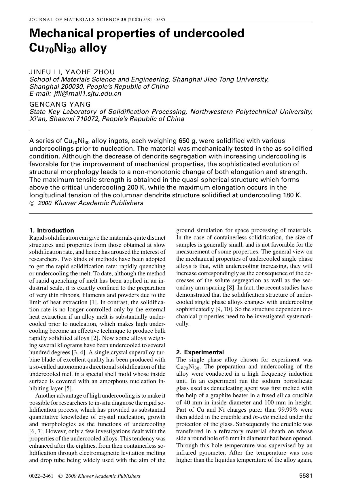 Mechanical properties of undercooled Cu70Ni30 alloy by Unknown