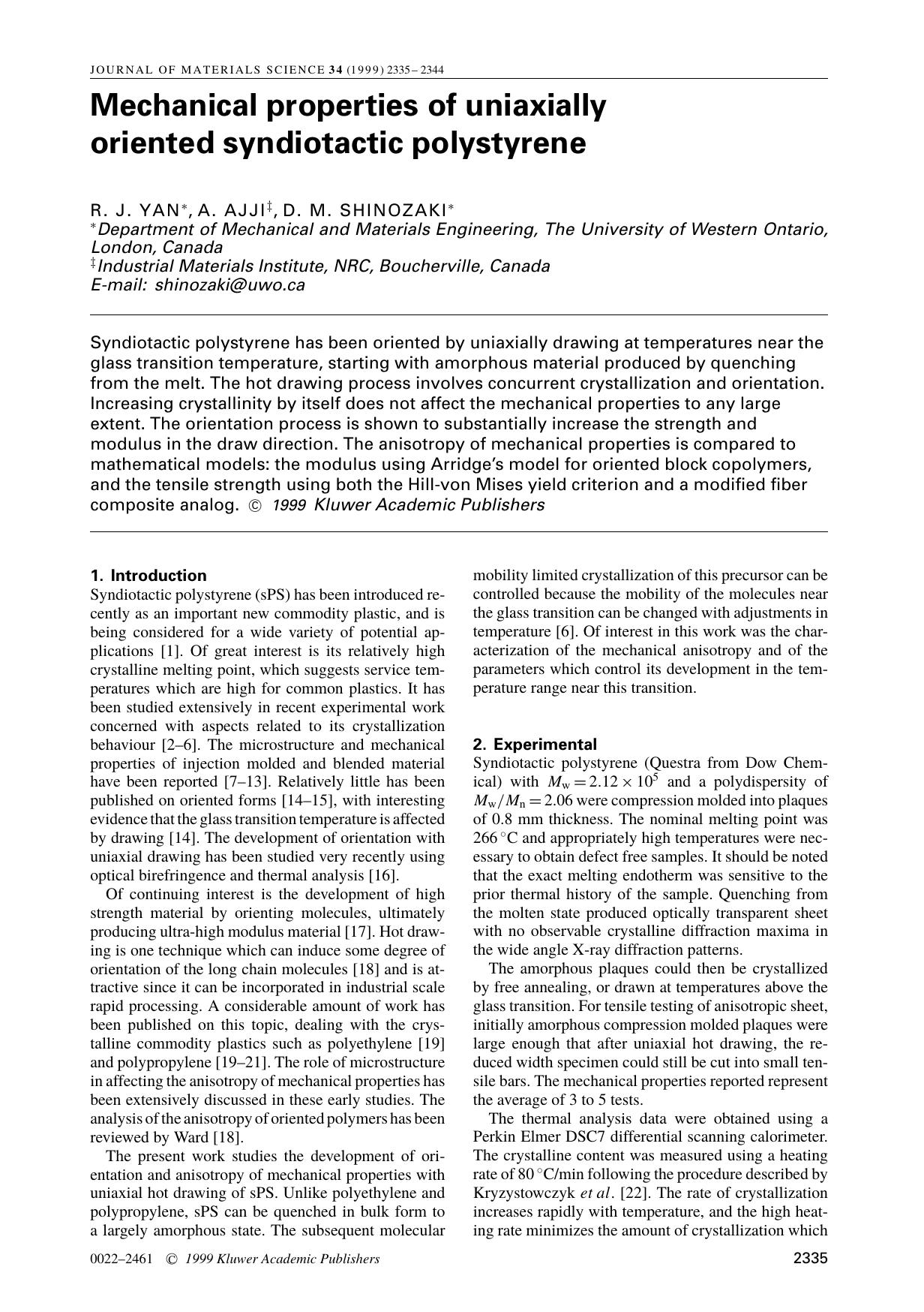 Mechanical properties of uniaxially oriented syndiotactic polystyrene by Unknown
