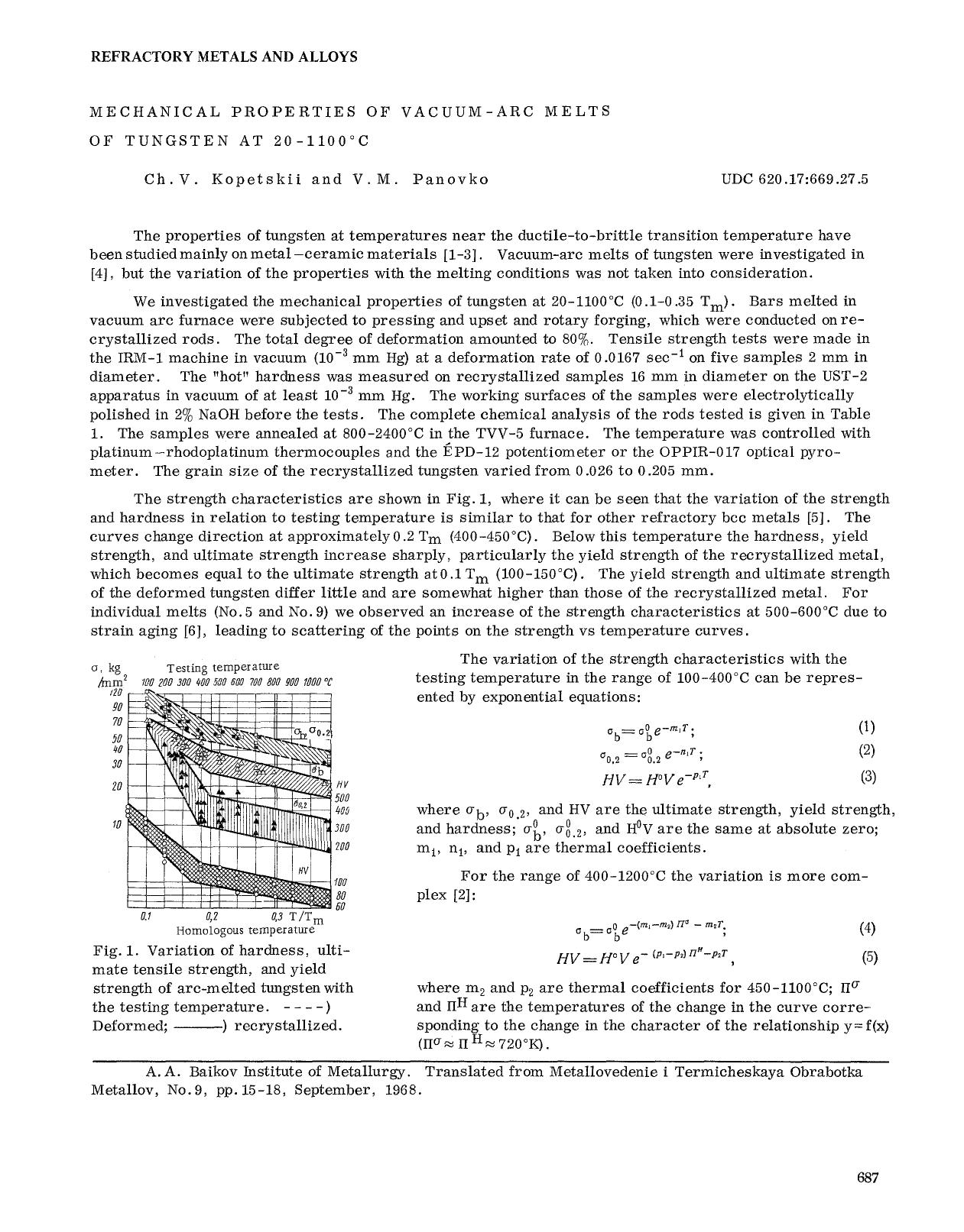 Mechanical properties of vacuum-arc melts of tungsten at 20–1100°C by Unknown
