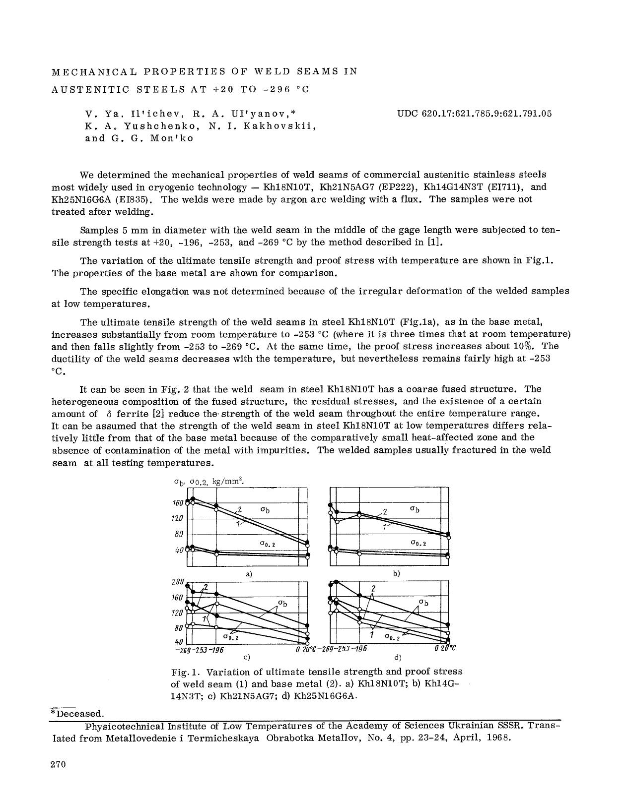 Mechanical properties of weld seams in austenitic steels at +20 to −296°C by Unknown