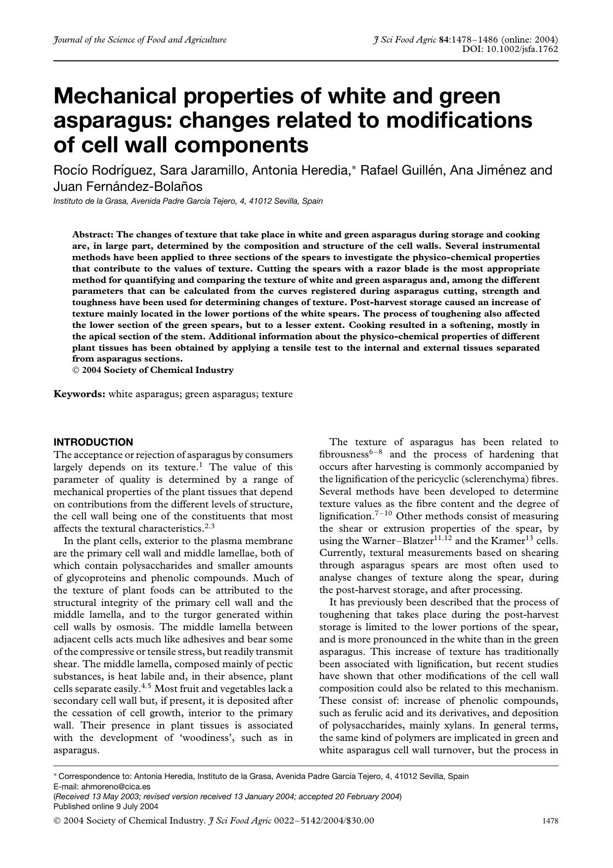 Mechanical properties of white and green asparagus: changes related to modifications of cell wall components by Unknown