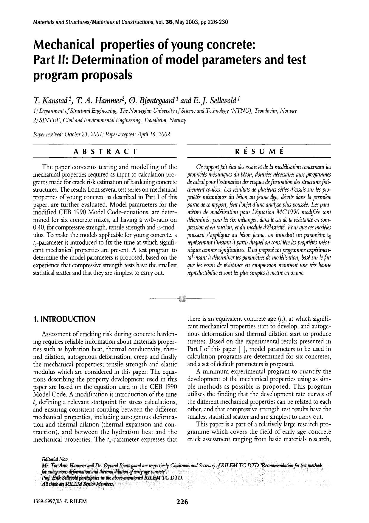 Mechanical properties of young concrete: Part II: Determination of model parameters and test program proposals by Unknown