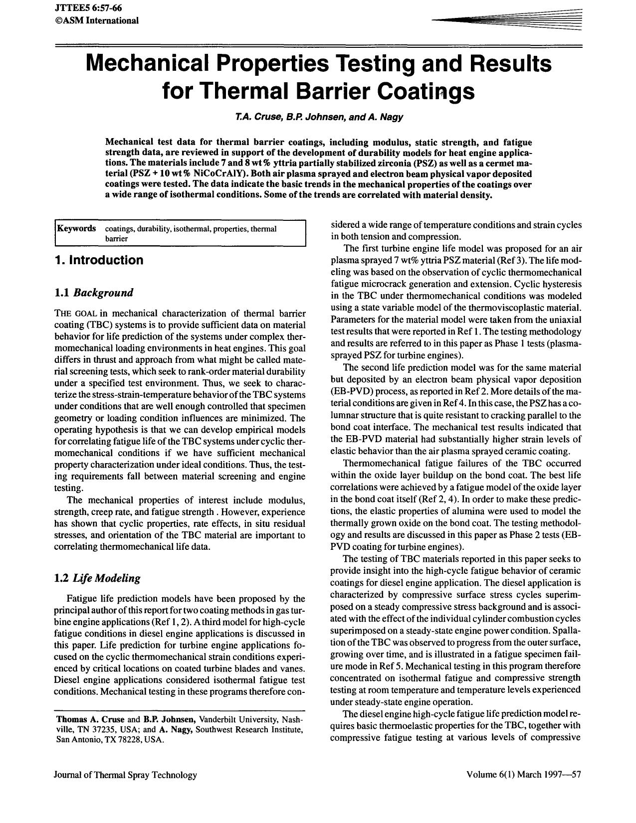 Mechanical properties testing and results for thermal barrier coatings by Unknown