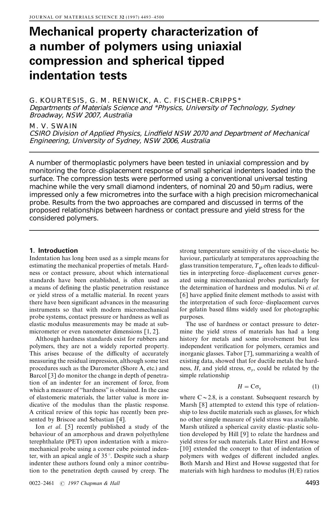 Mechanical property characterization of a number of polymers using uniaxial compression and spherical tipped indentation tests by Unknown