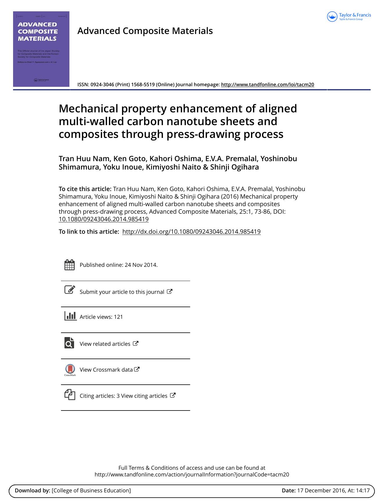 Mechanical property enhancement of aligned multi-walled carbon nanotube sheets and composites through press-drawing process by unknow