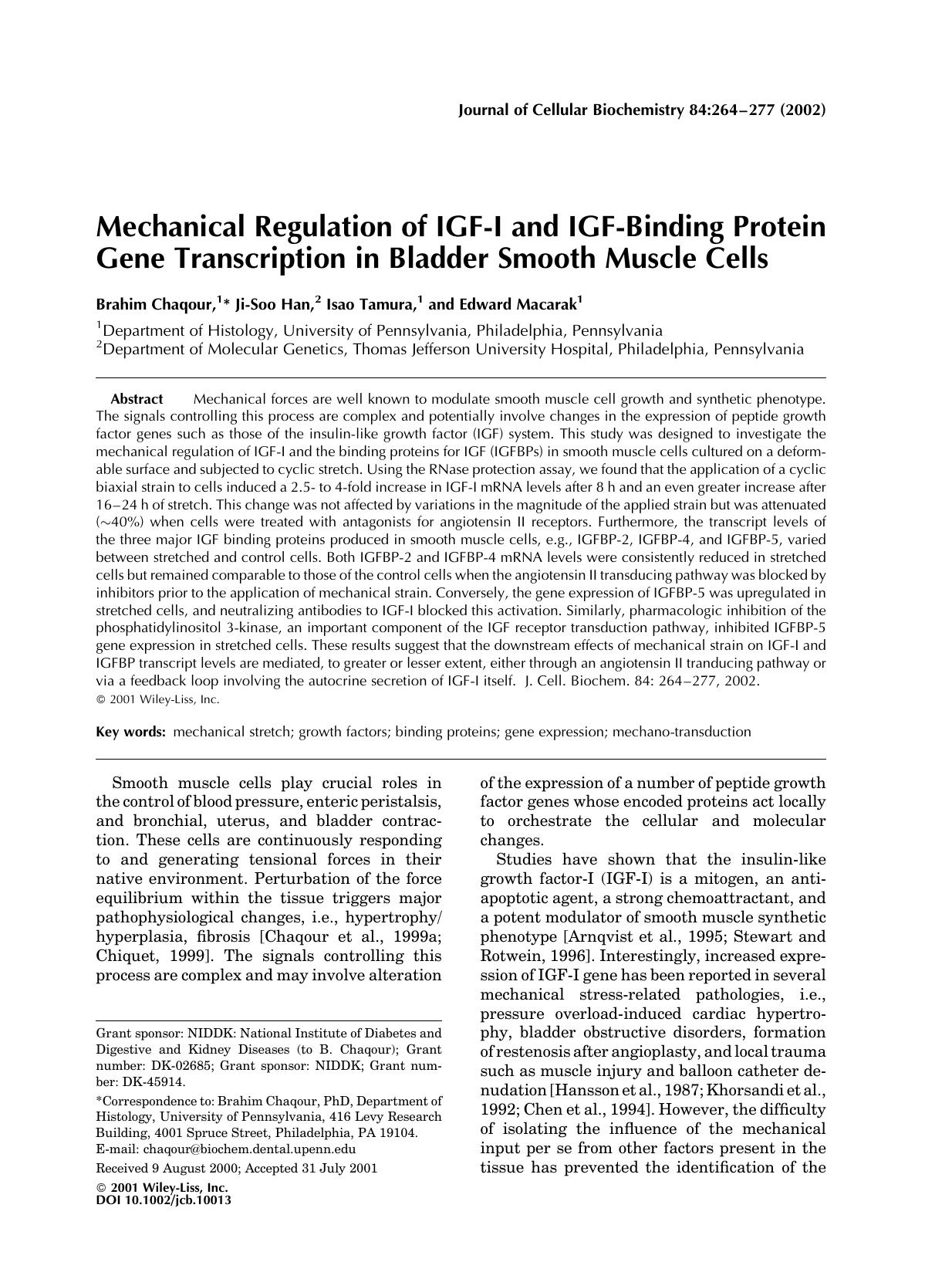 Mechanical regulation of IGF-I and IGF-binding protein gene transcription in bladder smooth muscle cells by Unknown