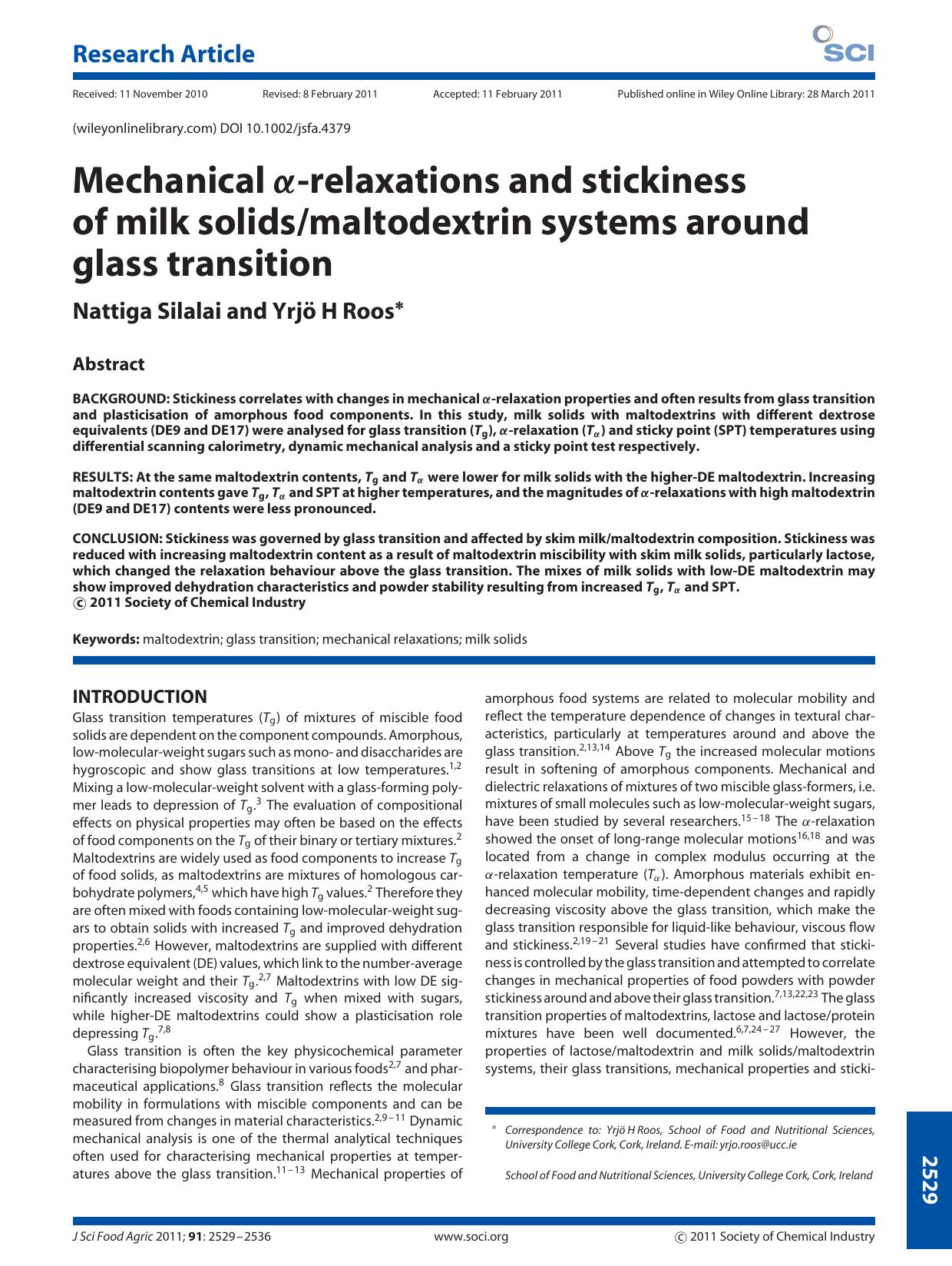 Mechanical relaxations and stickiness of milk solidsmaltodextrin systems around glass transition by Unknown