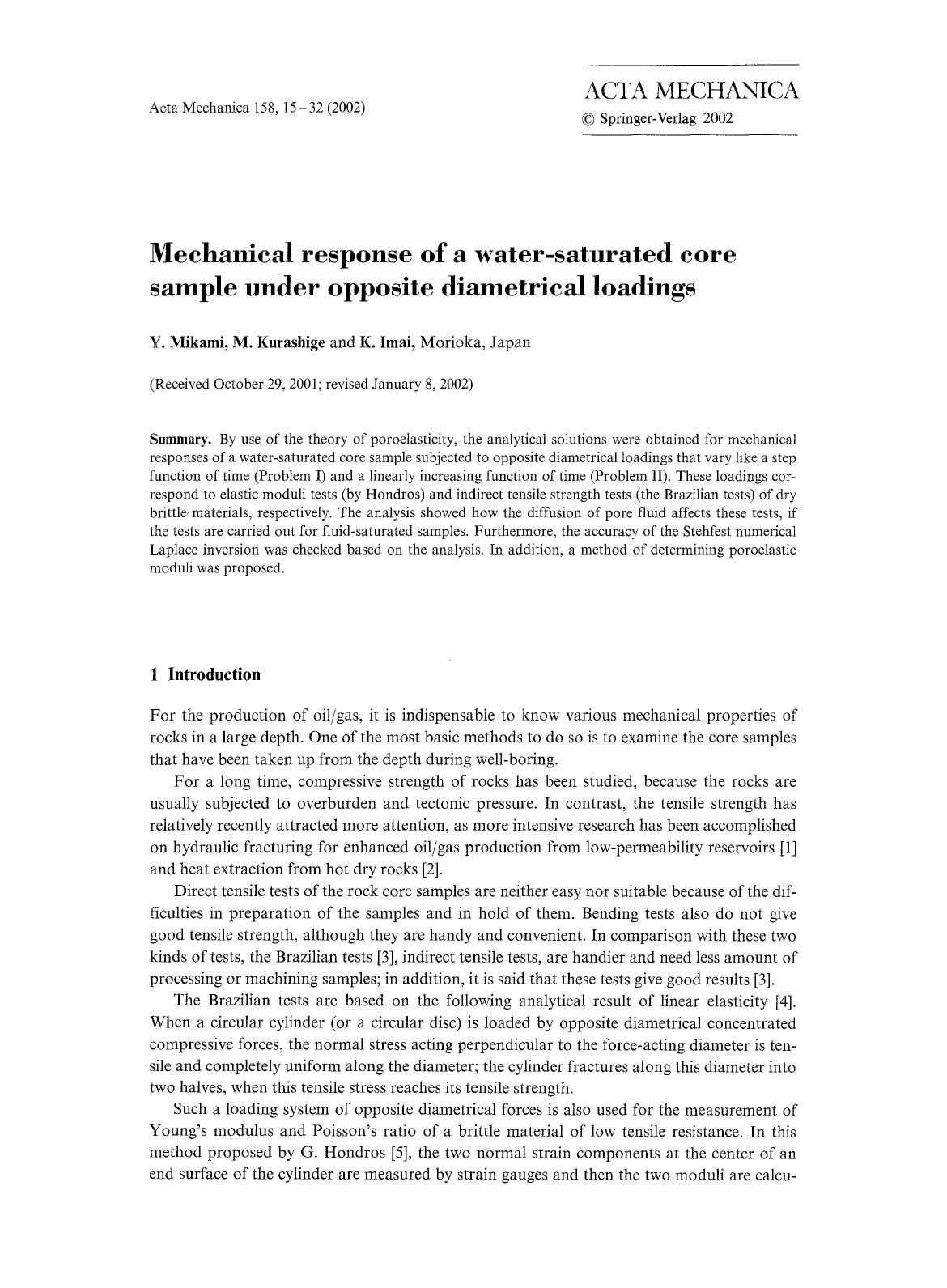 Mechanical response of a water-saturated core sample under opposite diametrical loadings by Unknown