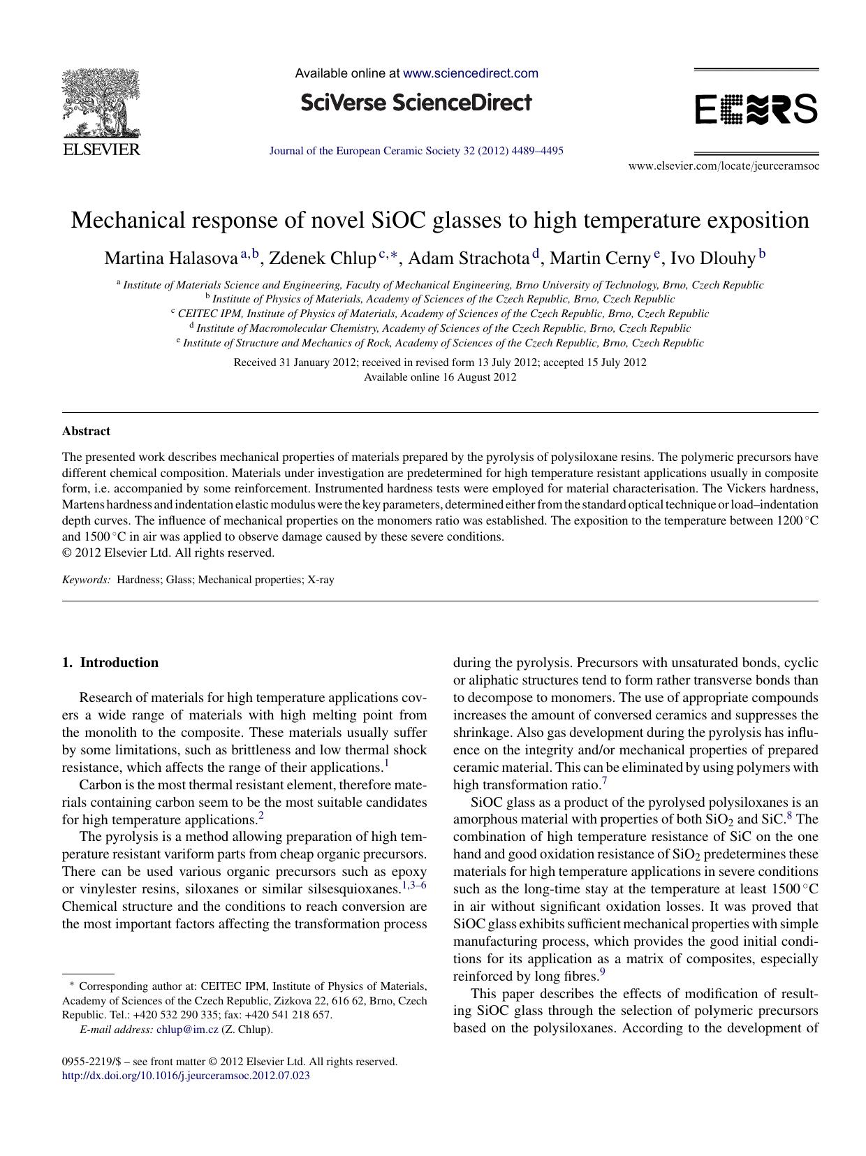 Mechanical response of novel SiOC glasses to high temperature exposition by Martina Halasova