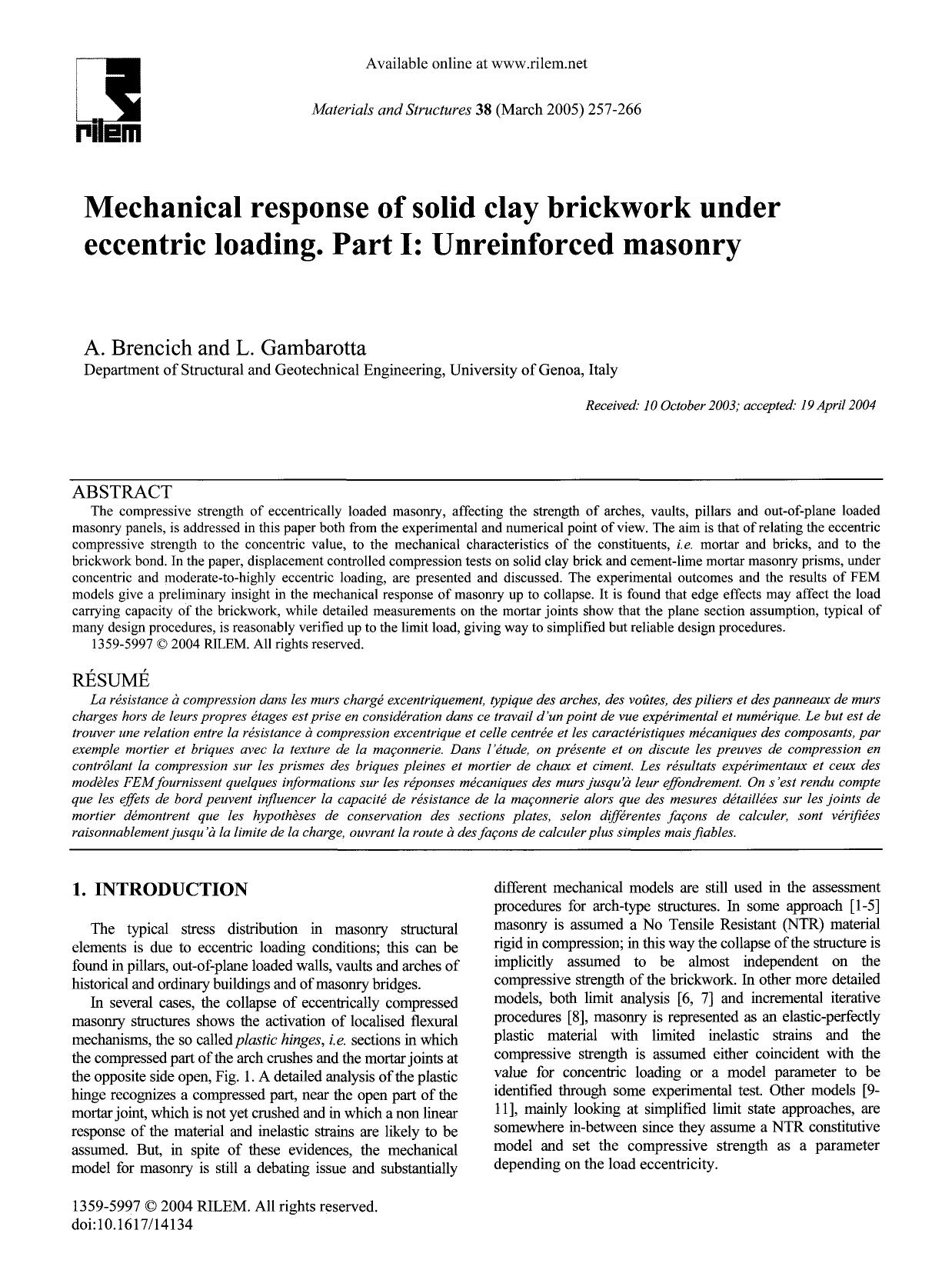 Mechanical response of solid clay brickwork under eccentric loading. Part I: Unreinforced masonry by Unknown