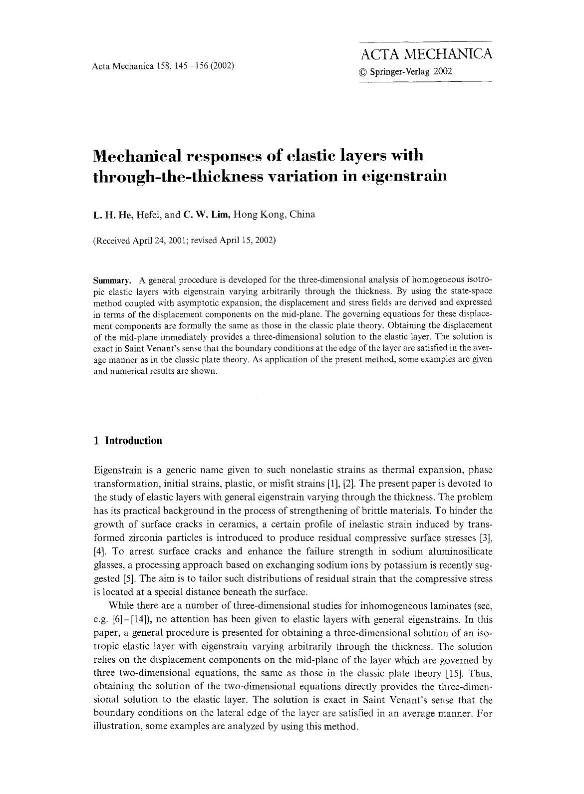 Mechanical responses of elastic layers with through-the-thickness variation in eigenstrain by Unknown