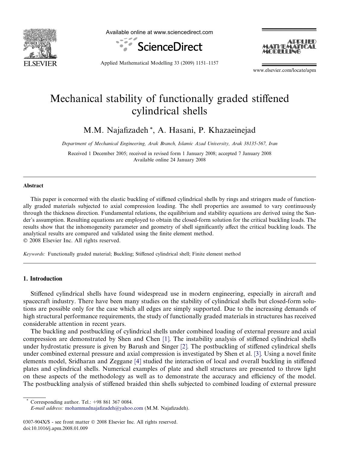 Mechanical stability of functionally graded stiffened cylindrical shells by M.M. Najafizadeh; A. Hasani; P. Khazaeinejad