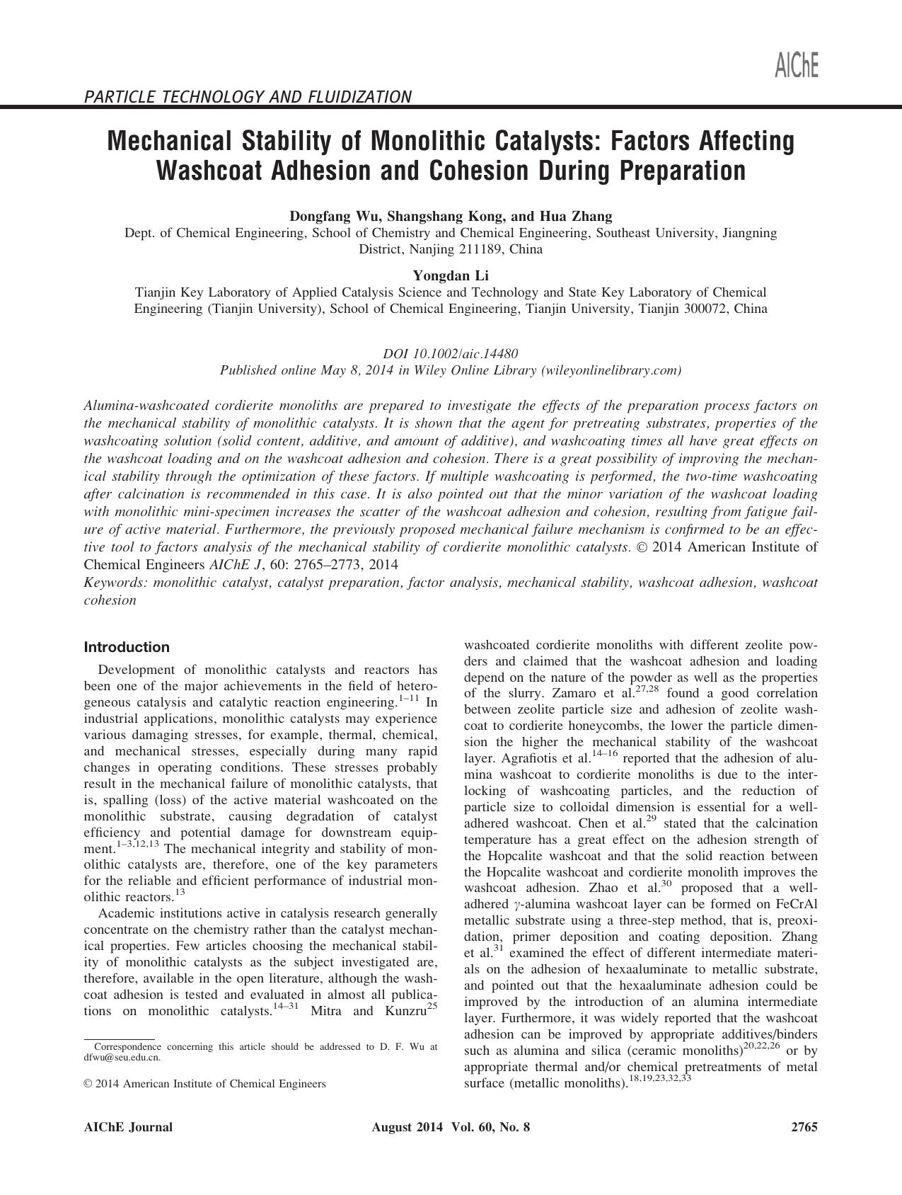 Mechanical stability of monolithic catalysts: Factors affecting washcoat adhesion and cohesion during preparation by Unknown