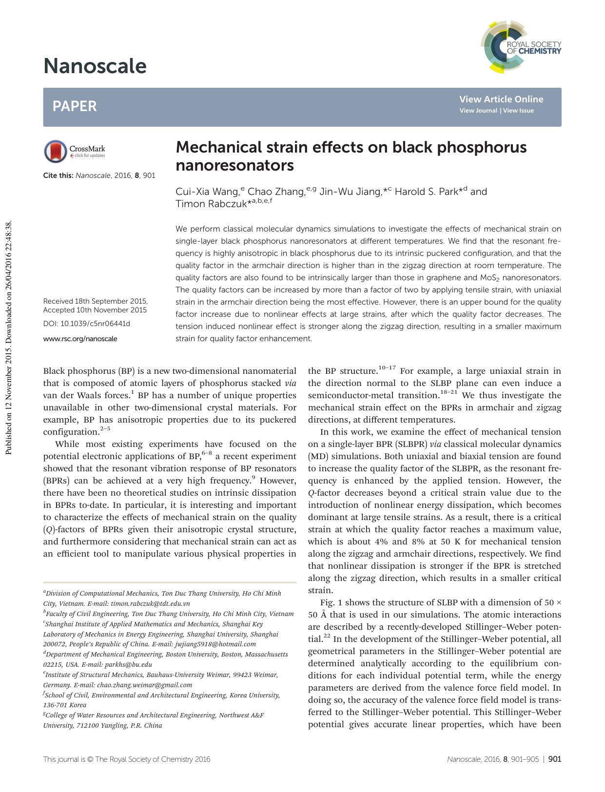 Mechanical strain effects on black phosphorus nanoresonators by Cui-Xia Wang Chao Zhang Jin-Wu Jiang Harold S. Park Timon Rabczuk