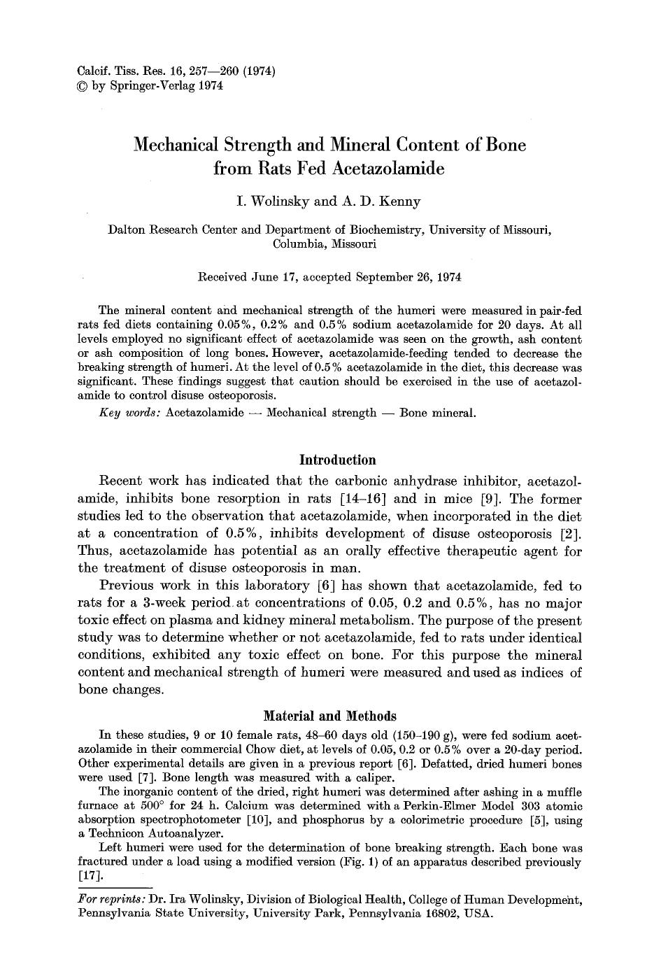 Mechanical strength and mineral content of bone from rats fed acetazolamide by Unknown