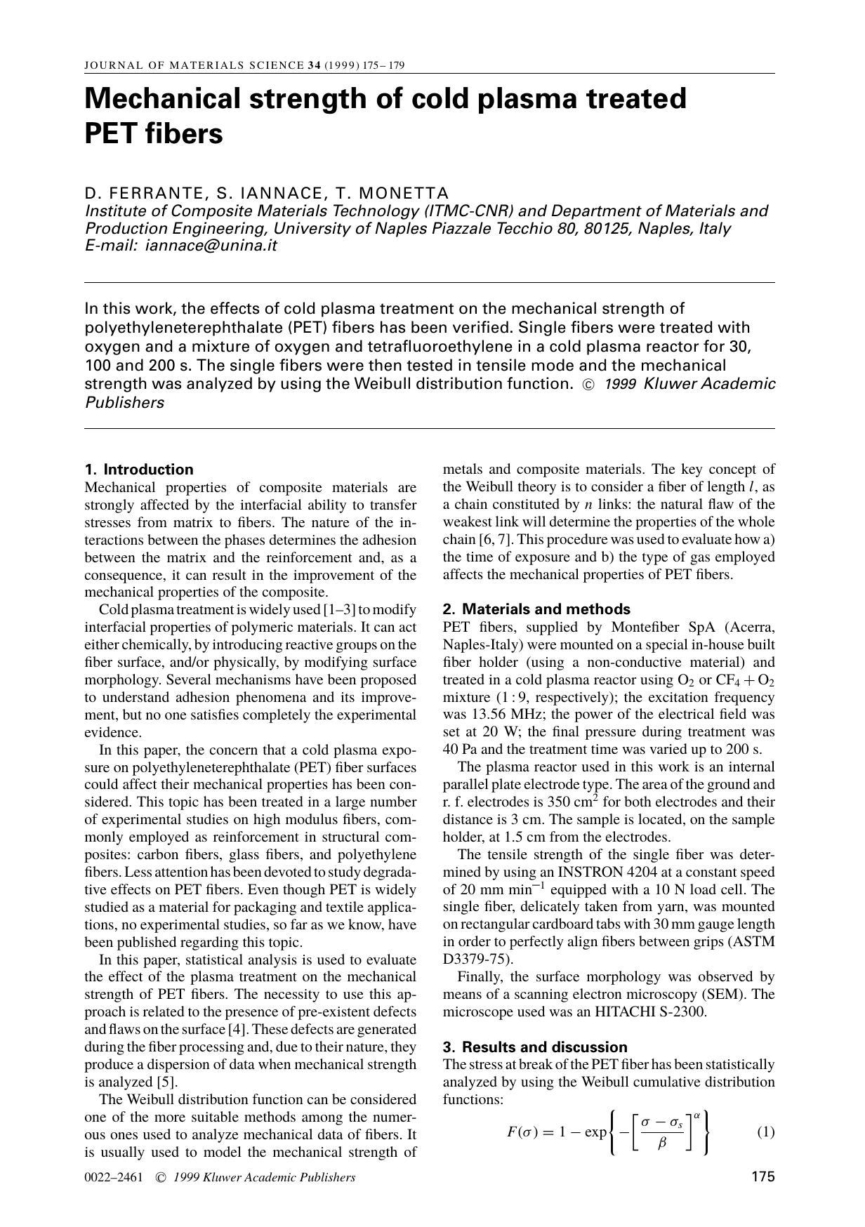 Mechanical strength of cold plasma treated PET fibers by Unknown