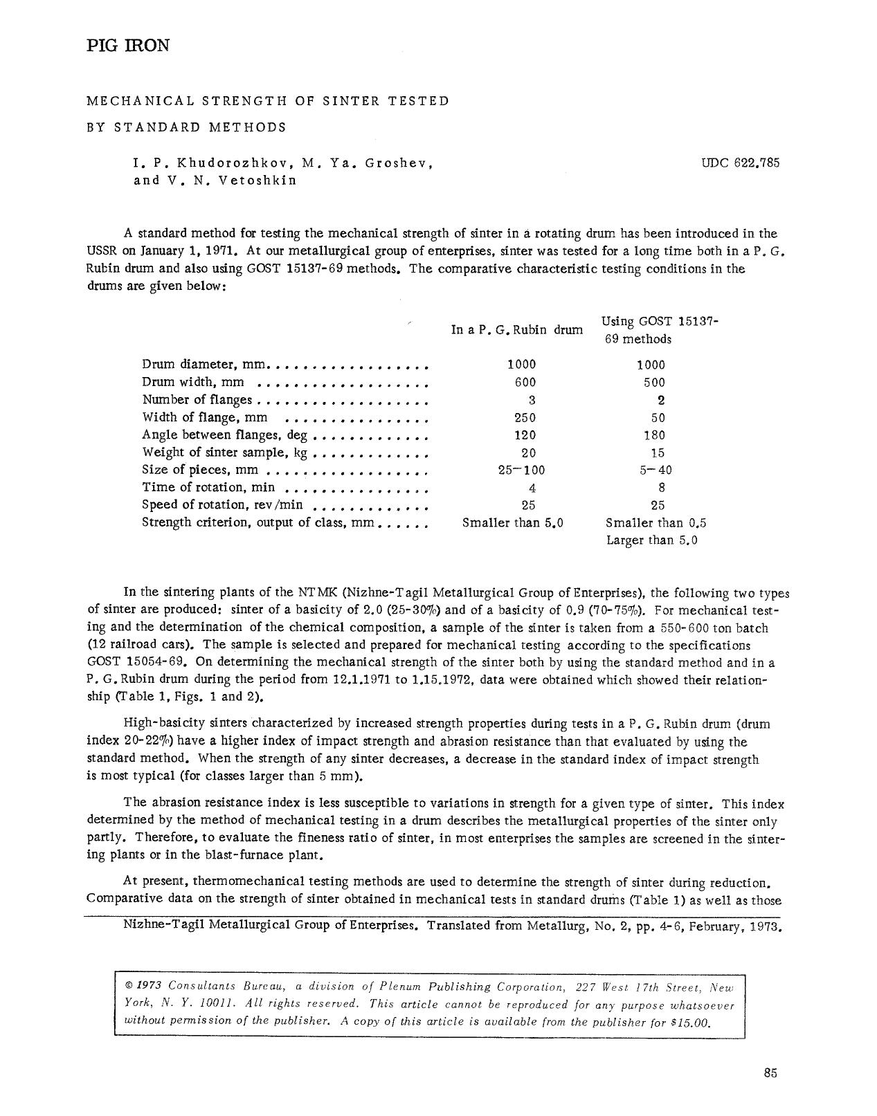 Mechanical strength of sinter tested by standard methods by Unknown