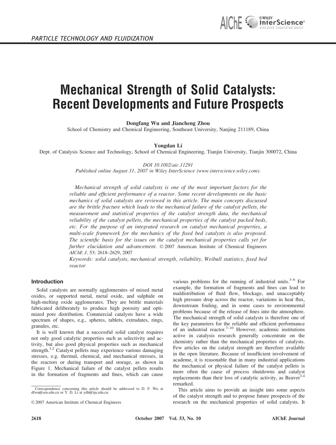 Mechanical strength of solid catalysts: Recent developments and future prospects by Unknown