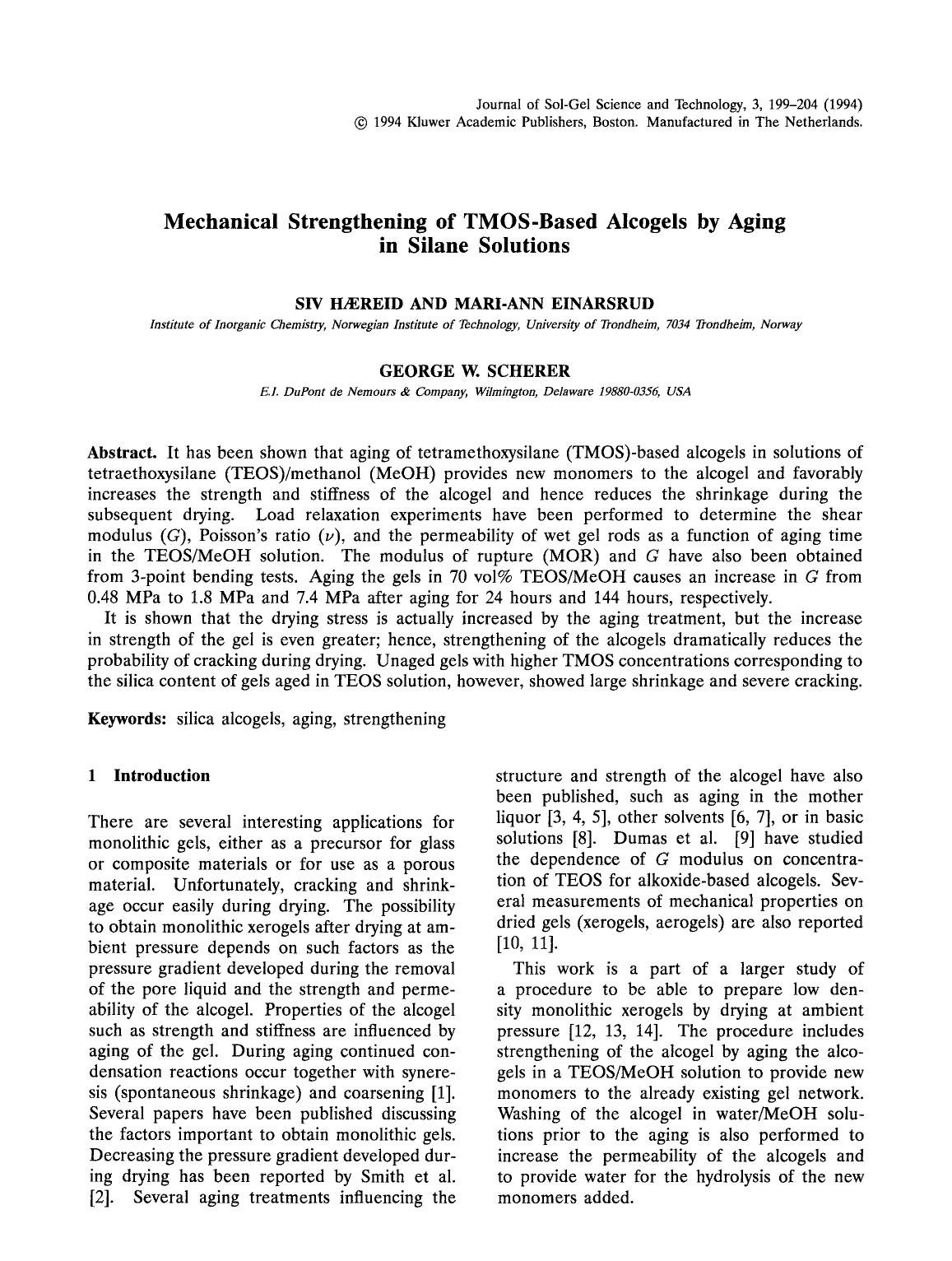 Mechanical strengthening of TMOS-based alcogels by aging in silane solutions by Unknown
