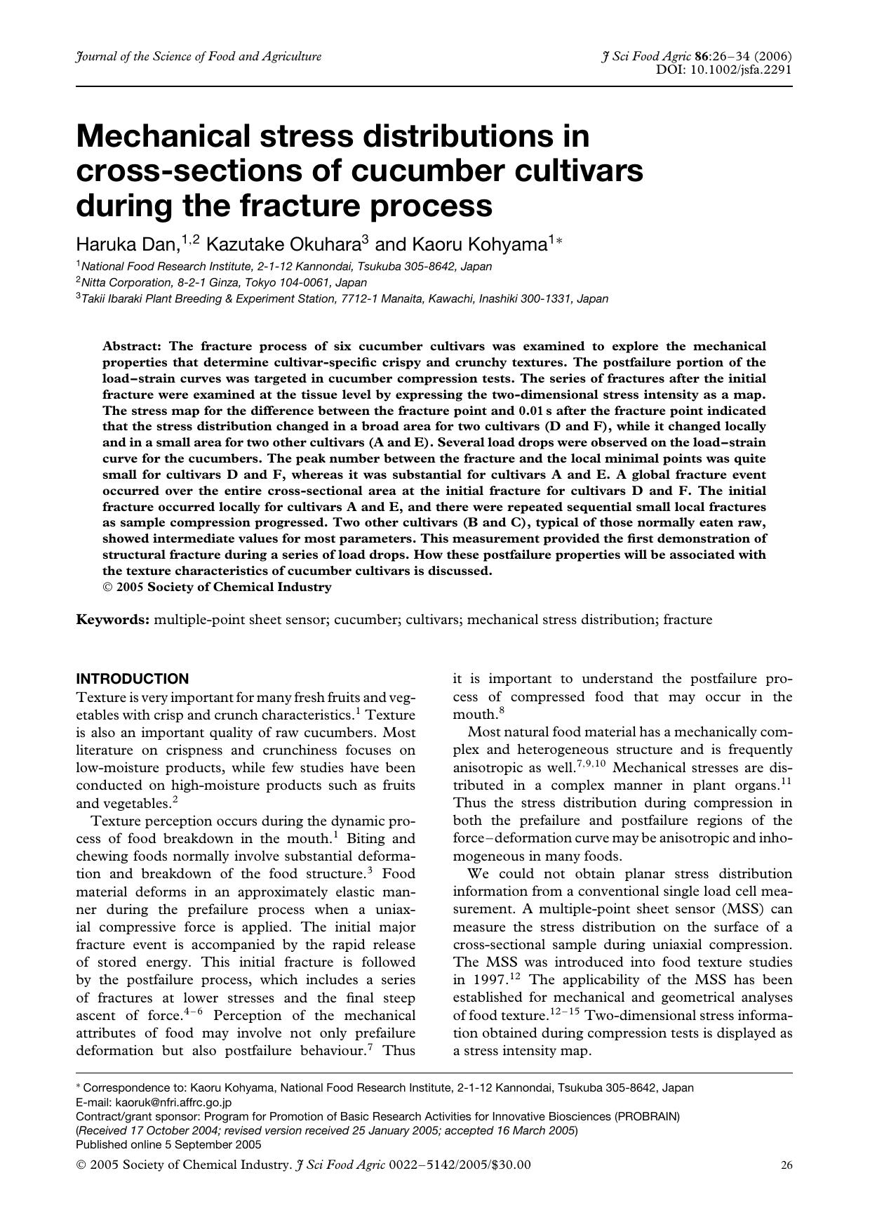 Mechanical stress distributions in cross-sections of cucumber cultivars during the fracture process by Unknown