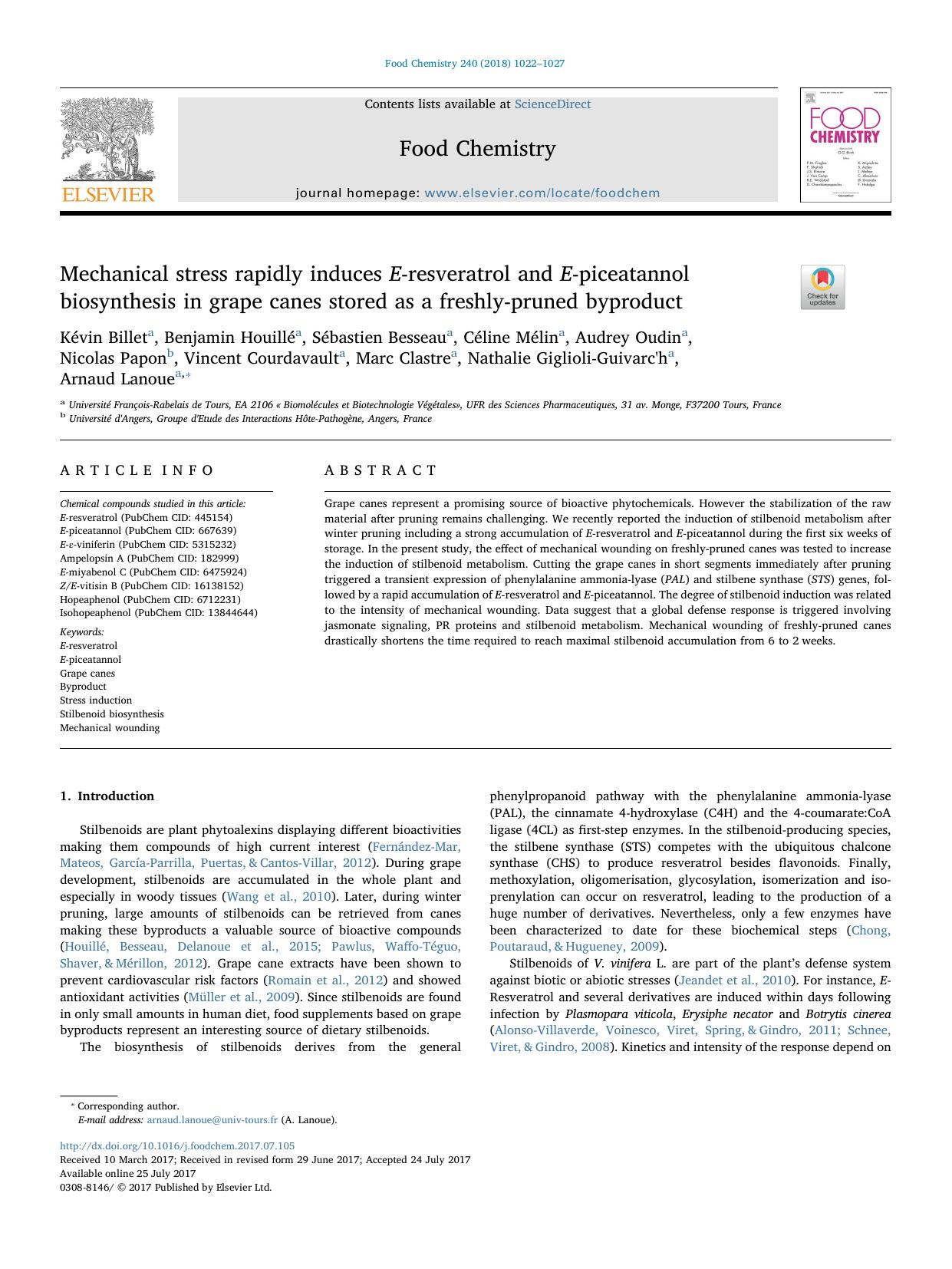 Mechanical stress rapidly induces E-resveratrol and E-piceatannol biosynthesis in grape canes stored as a freshly-pruned byproduct by Kévin Billet