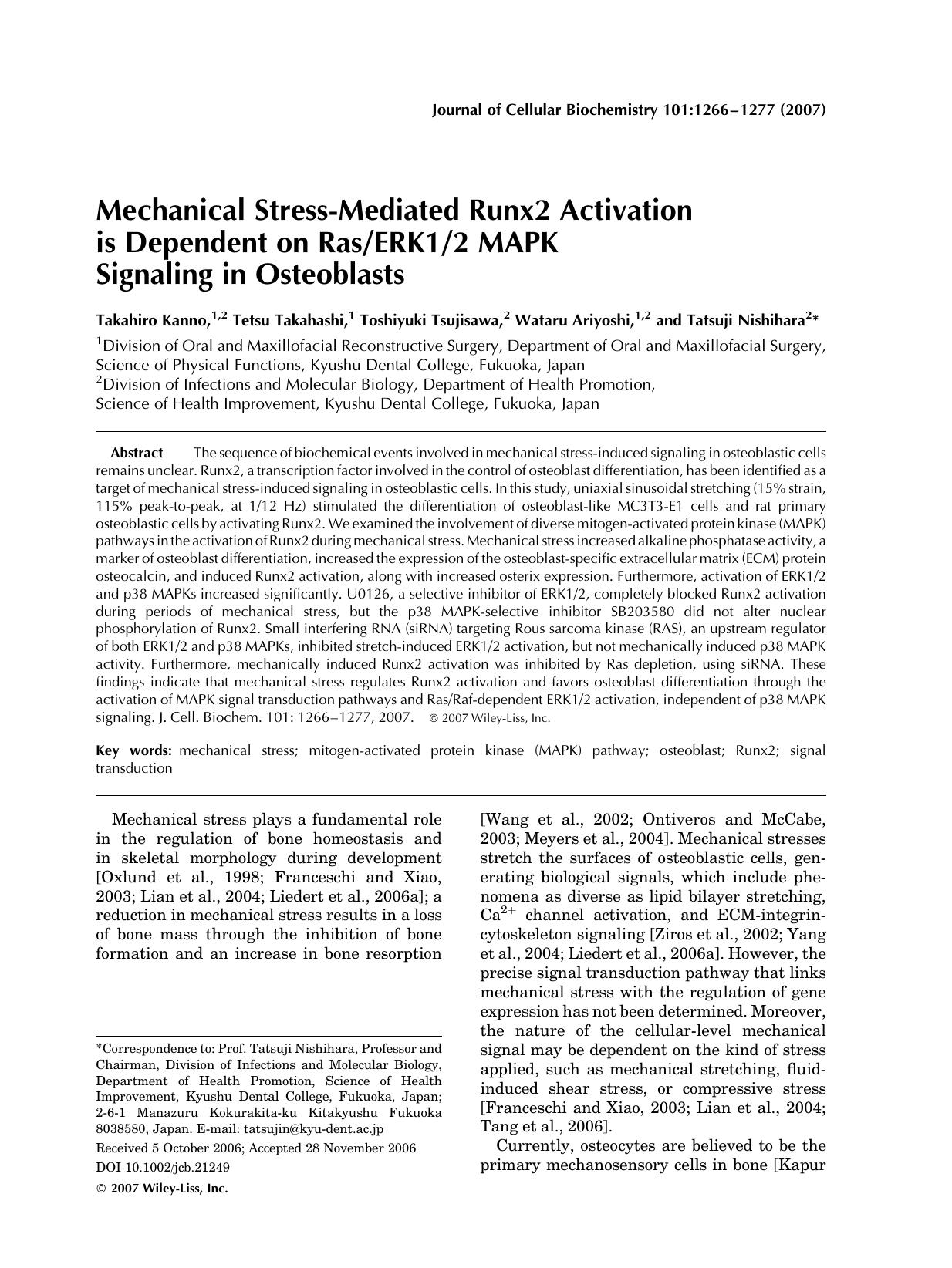 Mechanical stress-mediated Runx2 activation is dependent on RasERK12 MAPK signaling in osteoblasts by Unknown