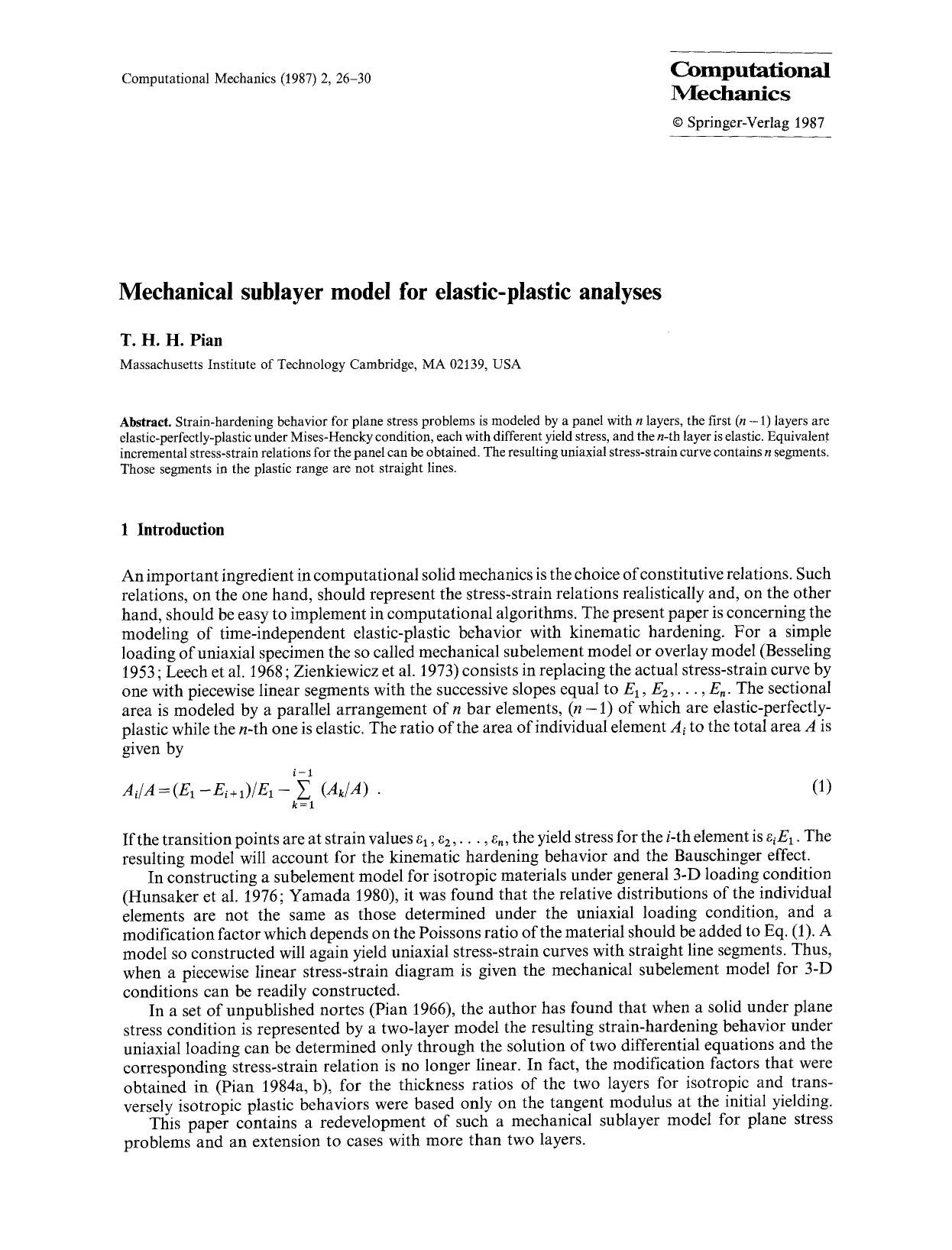 Mechanical sublayer model for elastic-plastic analyses by Unknown