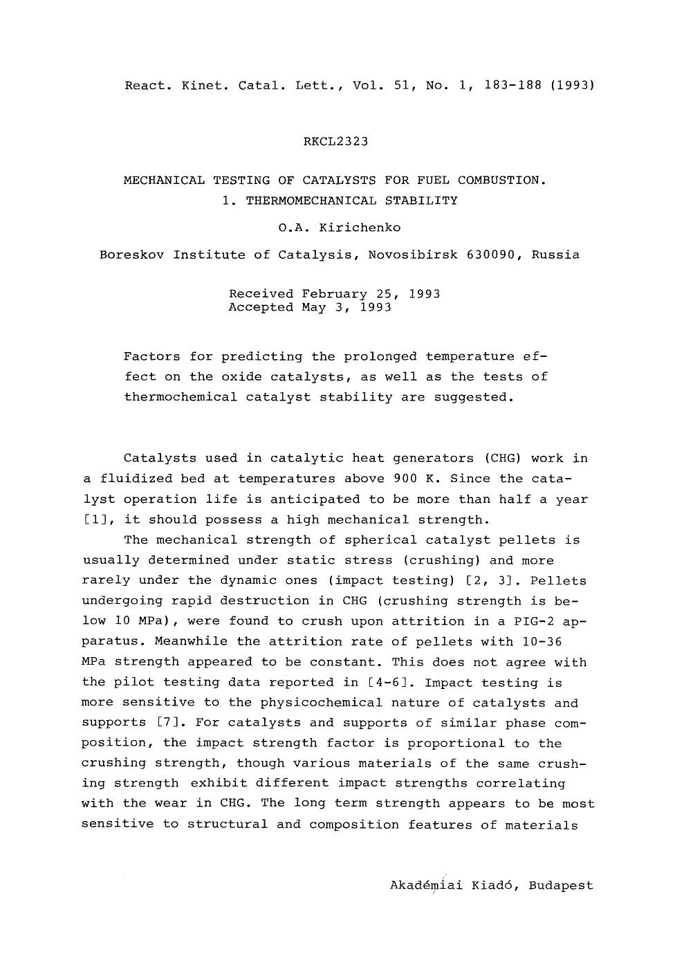 Mechanical testing of catalysts for fuel combustion. 1. Thermomechanical stability by Unknown