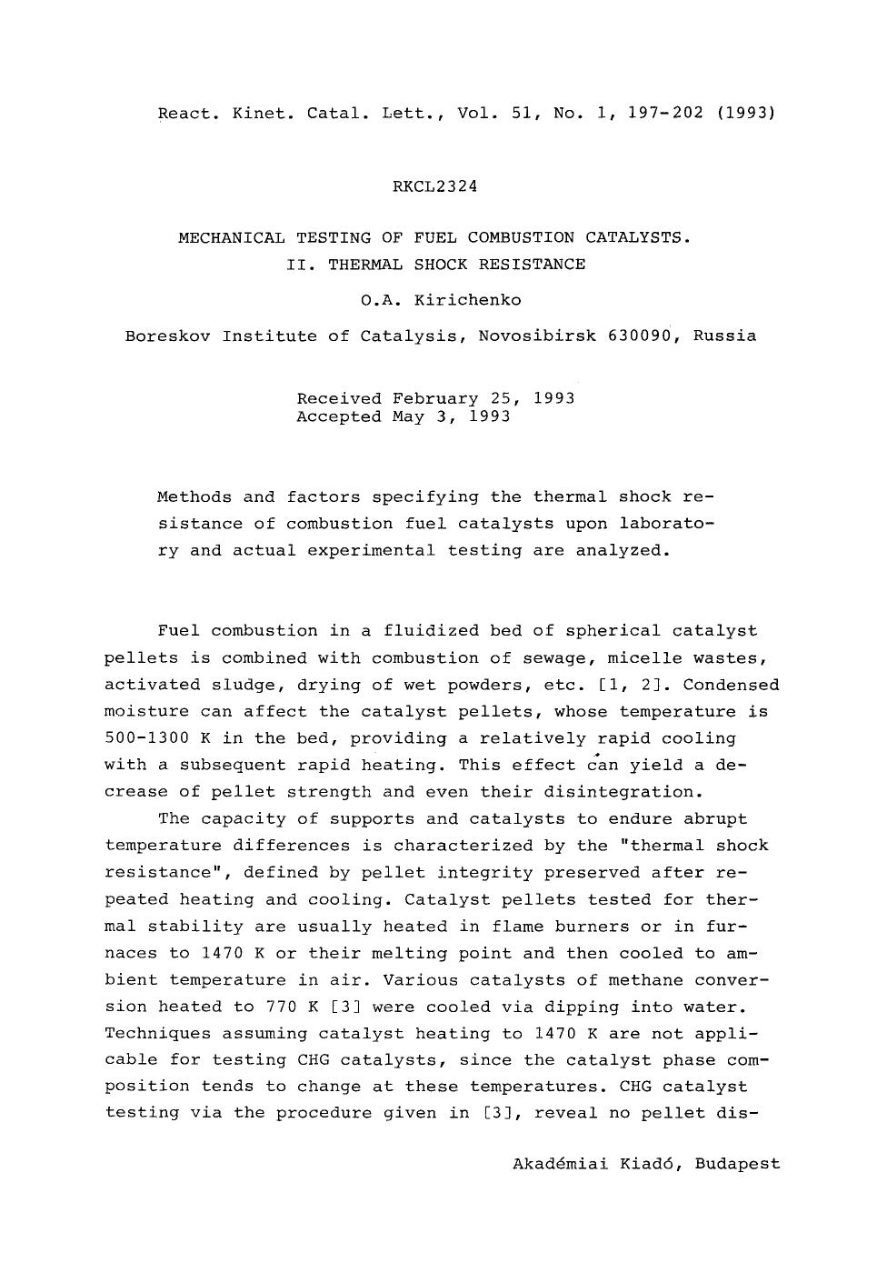 Mechanical testing of fuel combustion catalysts. II. Thermal shock resistance by Unknown