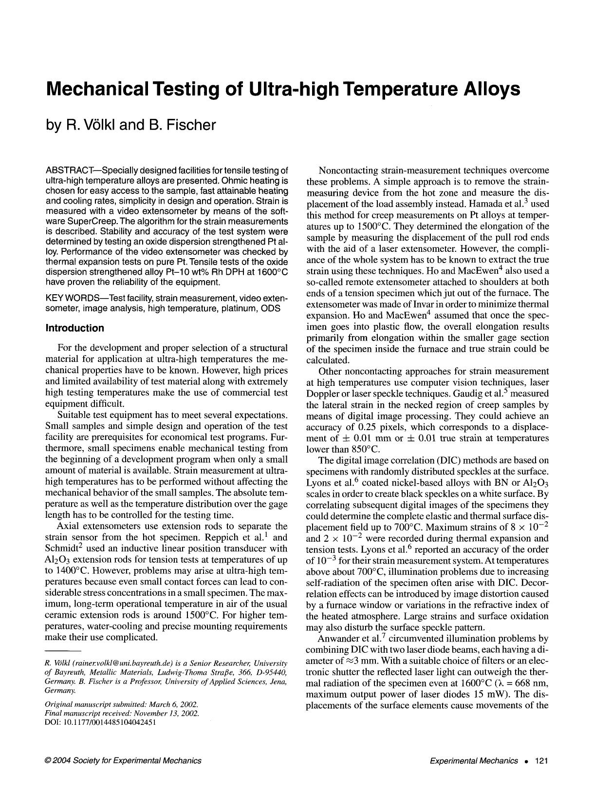 Mechanical testing of ultra-high temperature alloys by Unknown