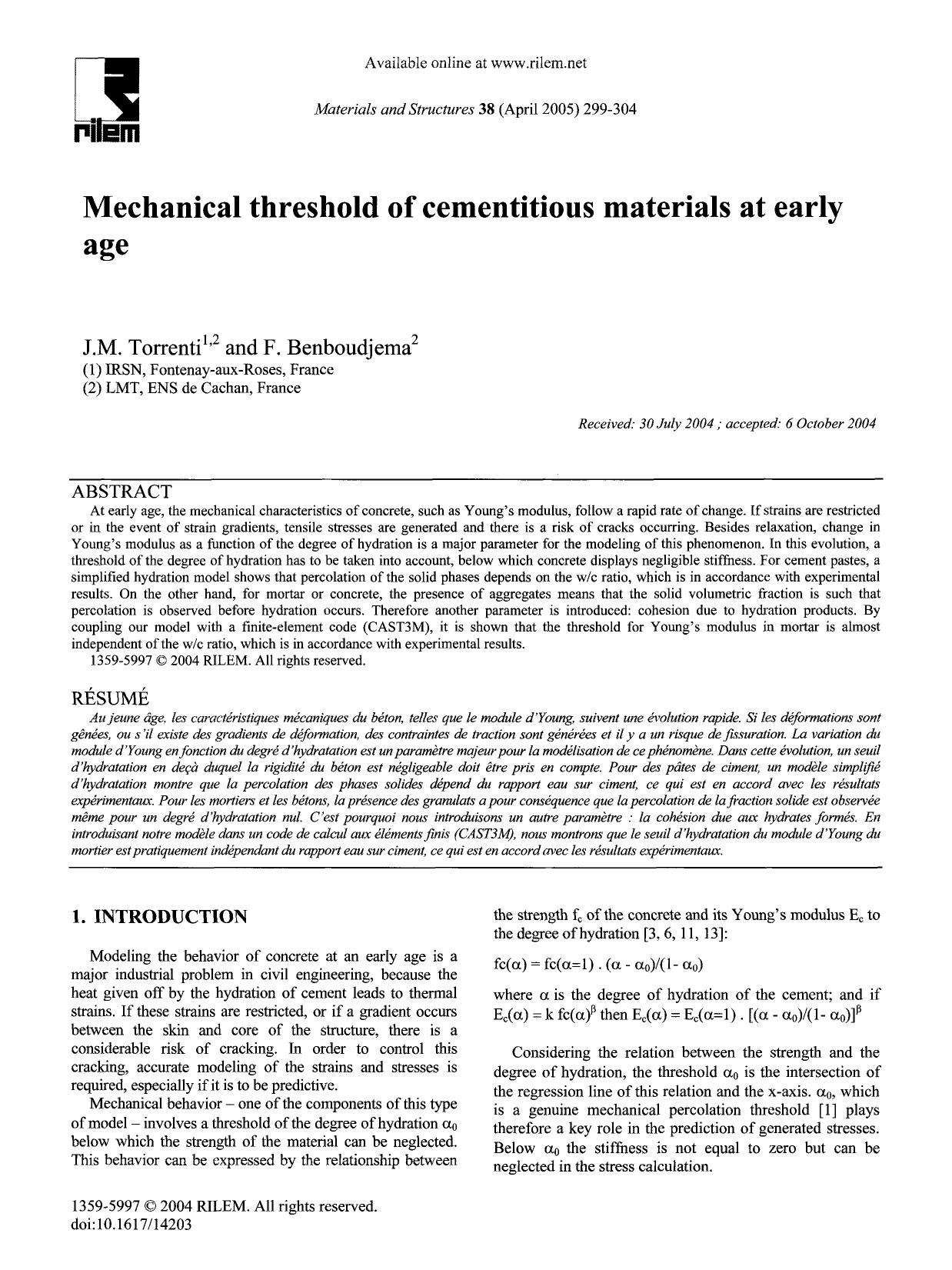 Mechanical threshold of cementitious materials at early age by Unknown