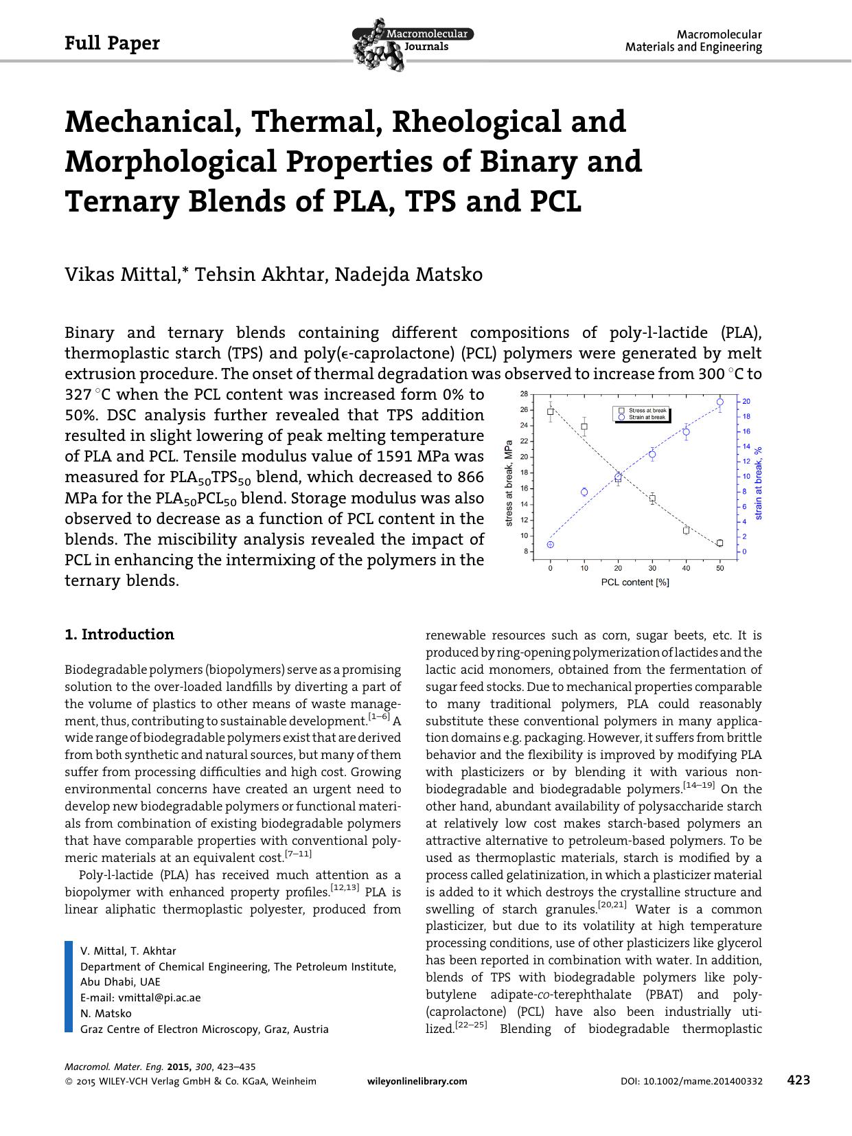 Mechanical, Thermal, Rheological and Morphological Properties of Binary and Ternary Blends of PLA, TPS and PCL by Unknown