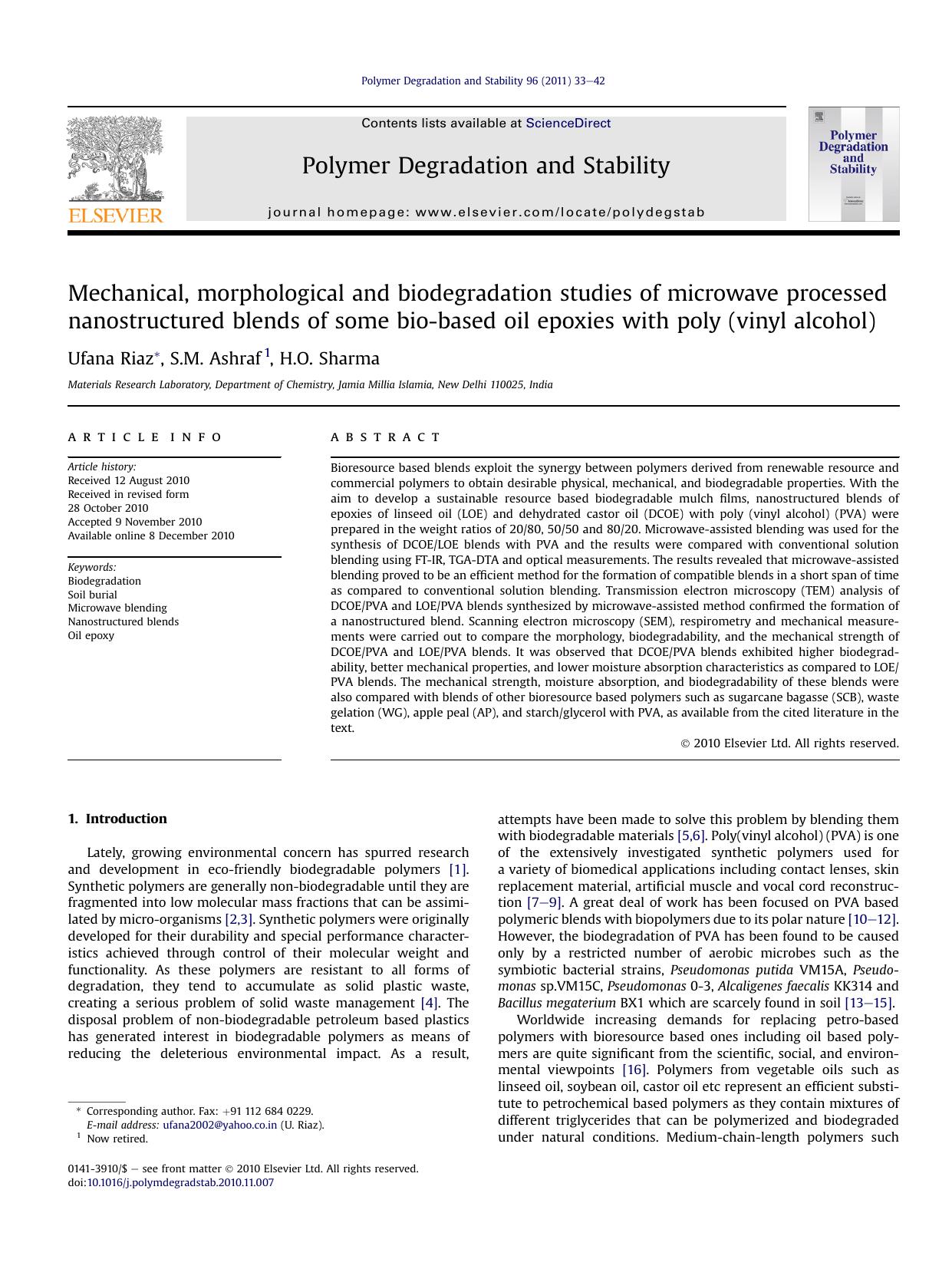 Mechanical, morphological and biodegradation studies of microwave processed nanostructured blends of some bio-based oil epoxies with poly (vinyl alcohol) by Ufana Riaz & S.M. Ashraf & H.O. Sharma