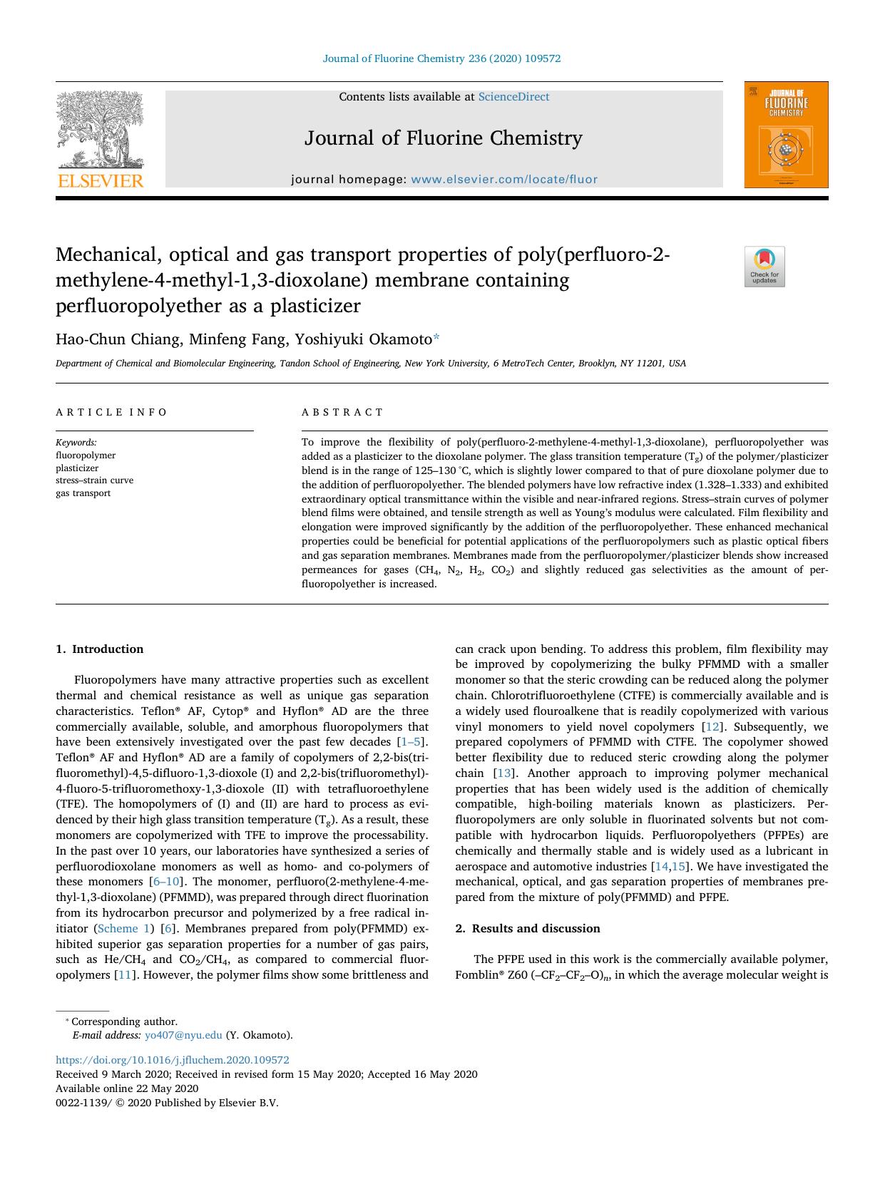 Mechanical, optical and gas transport properties of poly(perfluoro-2-methylene-4-methyl-1,3-dioxolane) membrane containing perfluoropolyether as a plasticizer by Hao-Chun Chiang & Minfeng Fang & Yoshiyuki Okamoto