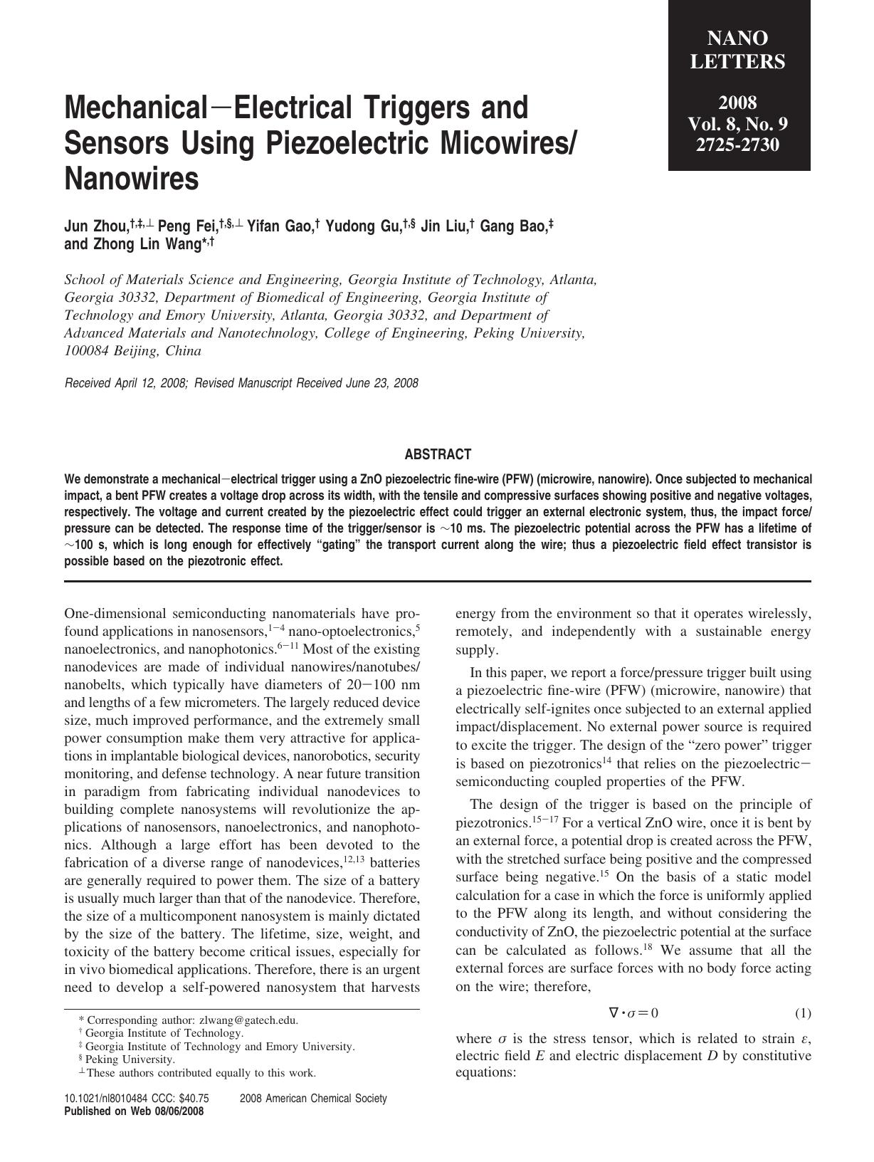 Mechanical-Electrical Triggers and Sensors Using Piezoelectric Micowires Nanowires by Unknown