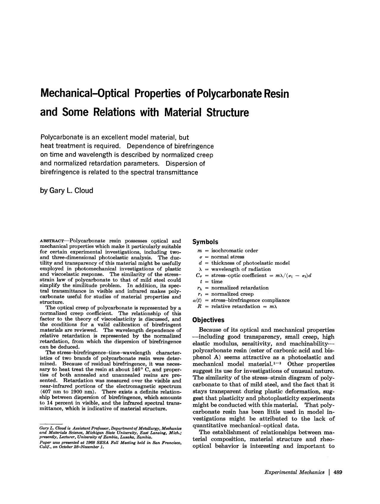 Mechanical-optical properties of polycarbonate resin and some relations with material structure by Unknown