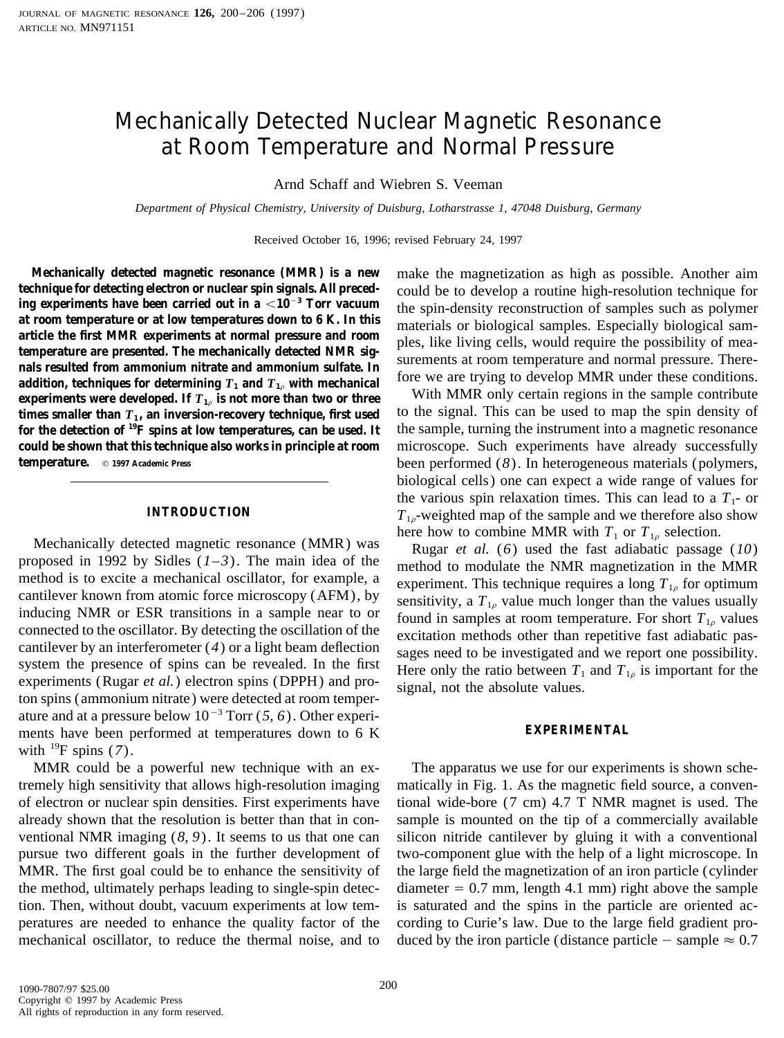 Mechanically Detected Nuclear Magnetic Resonance at Room Temperature and Normal Pressure by Schaff A. et al